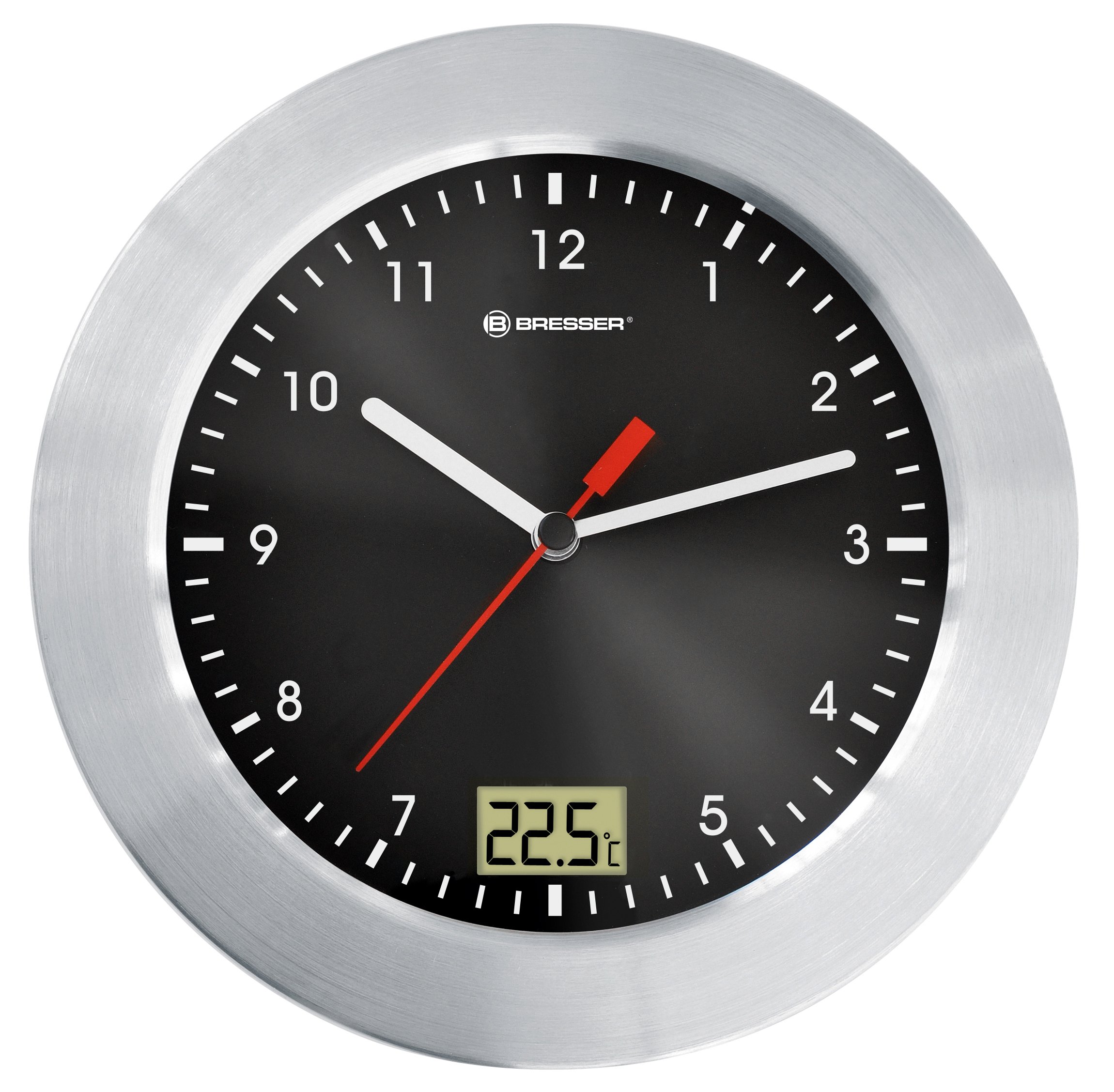 Bresser MyTime Bath Bad Wanduhr mit Temperaturanzeige und Quarz-Uhrwerk mit gebürstetem Aluminiumrahmen, Saugnäpfen und Standfuß für Tischmontage, schwarz
