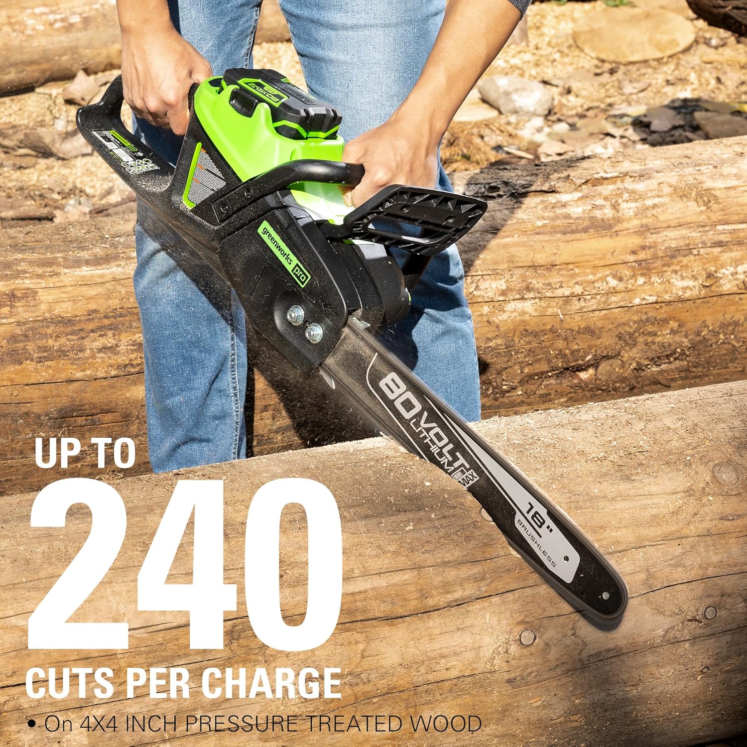 Greenworks 80V Chainsaw showing up to 240 cuts per charge