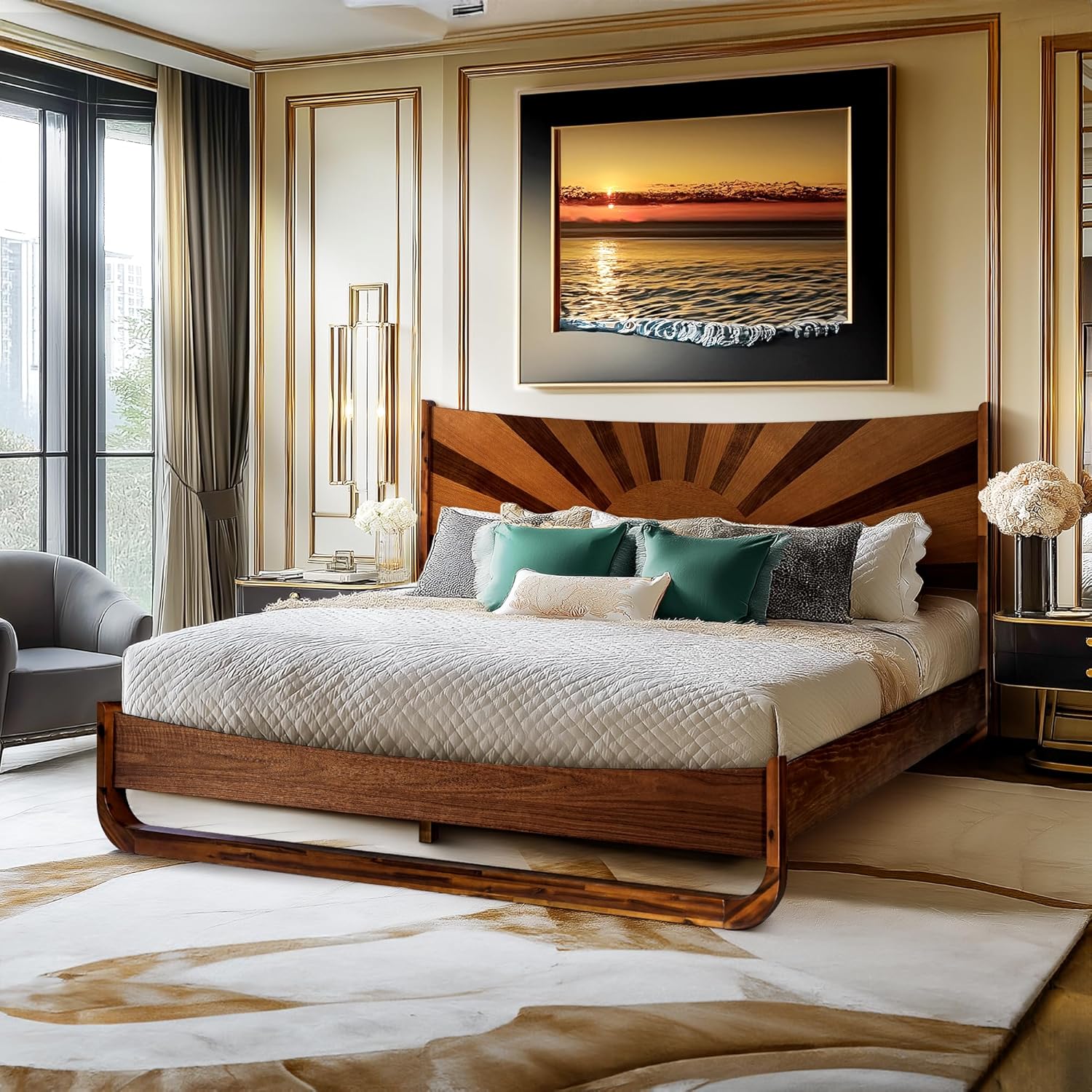 Sunset Deluxe Solid Acacia Wood King Size Platform Bed Frame with Tall Headboard, Mid-Century & Art Deco Design, No Box Spring Needed, Strong Wood Slat Support, Easy Assembly, Walnut Walnut King