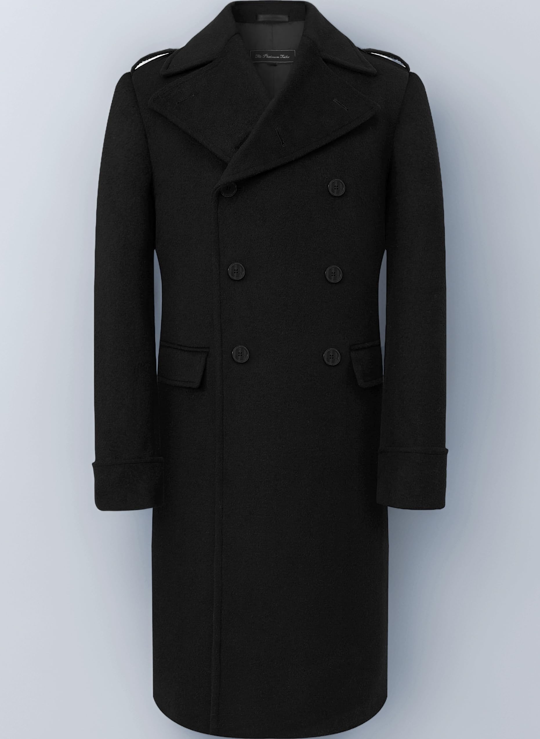 Mens Wool & Cashmere Great Coat – Double Breasted Long Overcoat, Satin Lined, Epaulettes & Gauntlet Cuffs, Warm Heavy Winter Coat (Sizes 40–48)