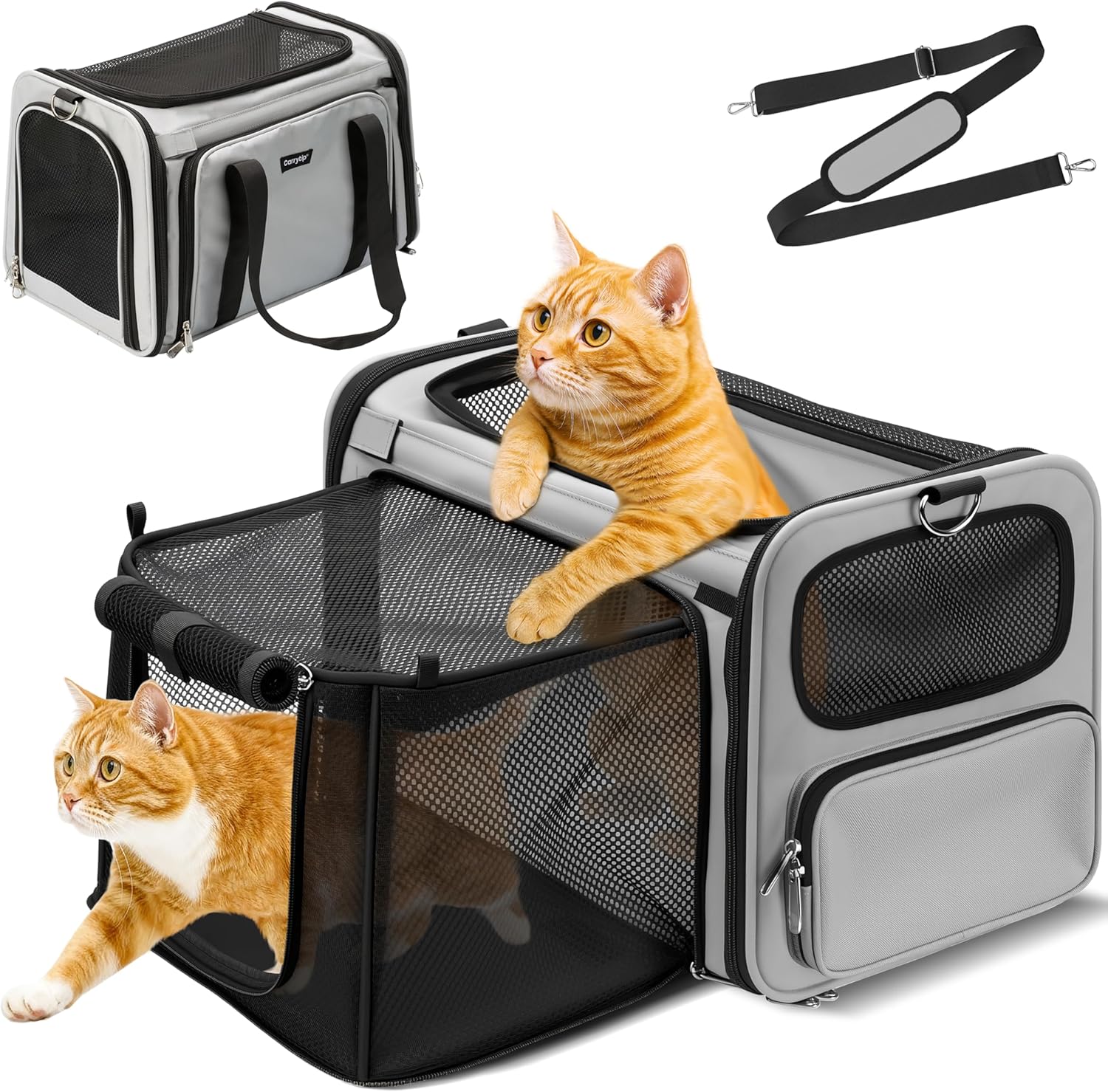 Expandable Cat Carrier, Airline Approved Soft Sided Pet Carrier for Cats & Small Dogs Up to 15 lbs, with Locking Safety Zippers & Cozy Fleece Pad, Portable for Car & Vet Visits, Black