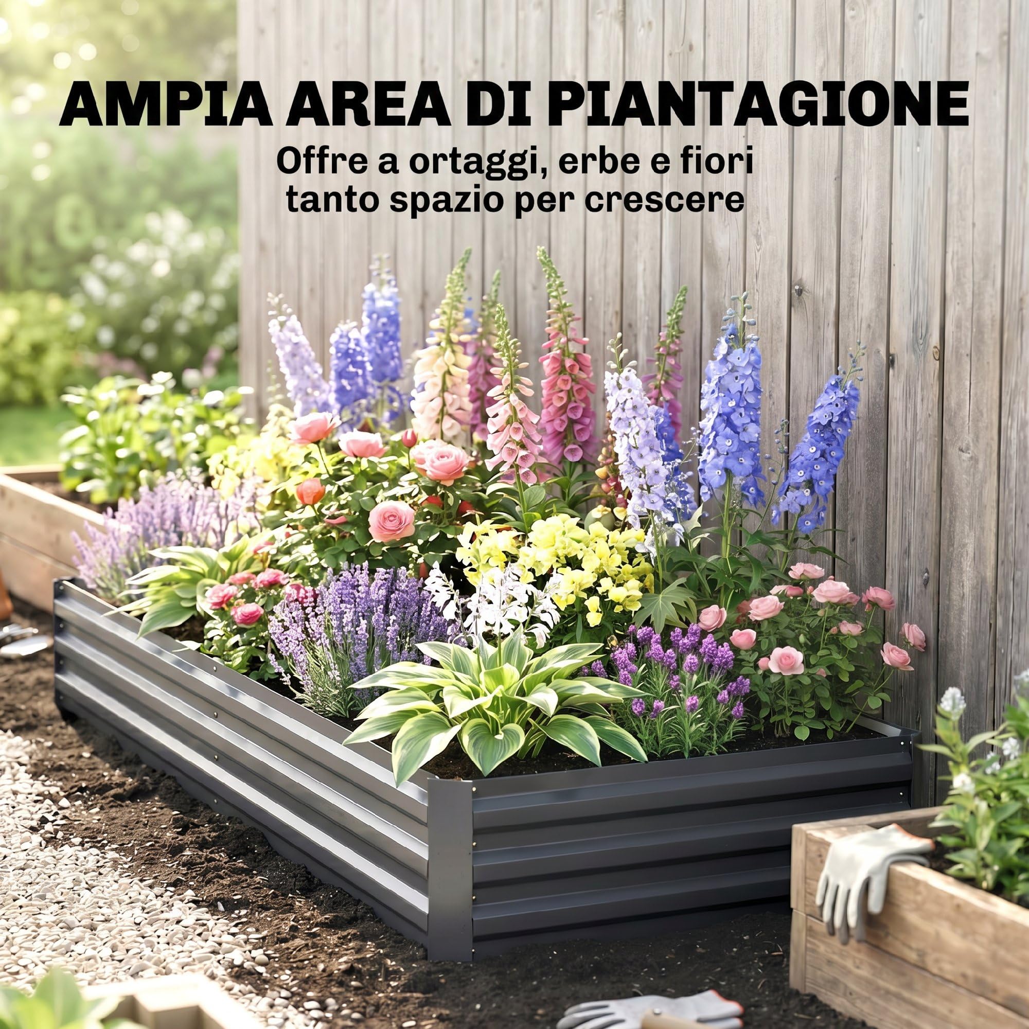 Outsunny Letto per Orto Rialzato da Esterno 628L, Fioriera da Balcone in Acciaio Galvanizzato con Fondo Aperto, per Piante, Fiori e Verdure, 241x90.5x30cm, Grigio