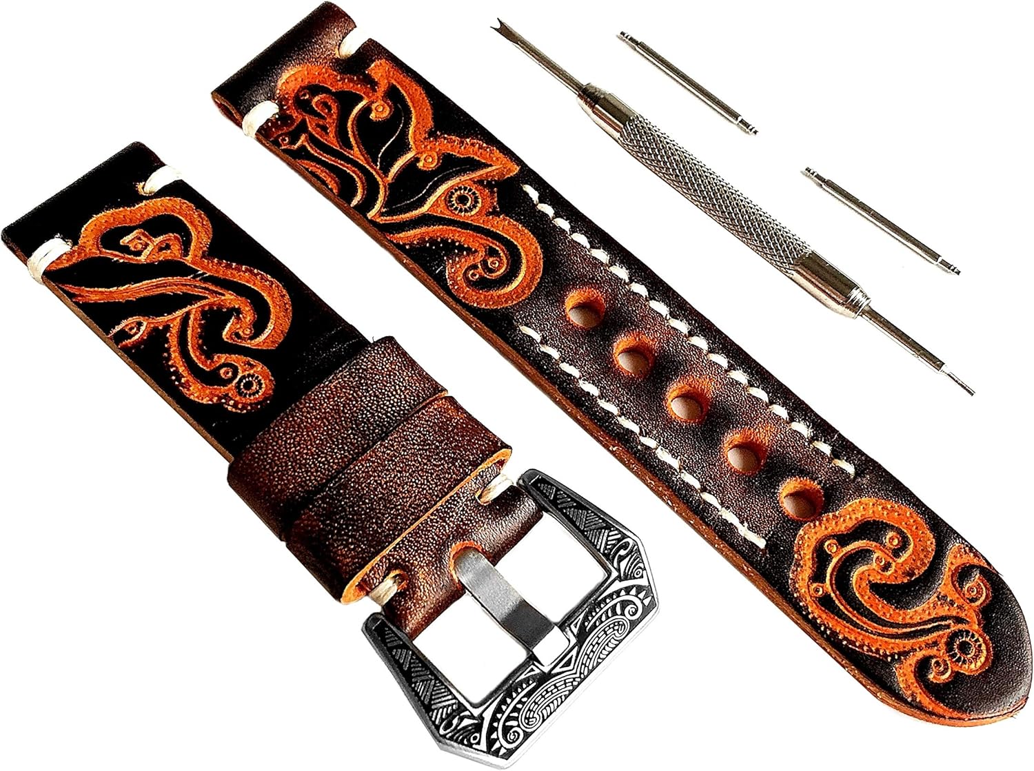 Brown and Orange Embossed Leather Band Compatible with Samsung Watch 6 5 4 Classic Watch 3 Active 2 40mm 41mm 42mm 43mm 44mm 45mm 46mm 47mm Smartwatch Strap Pins Tool B20