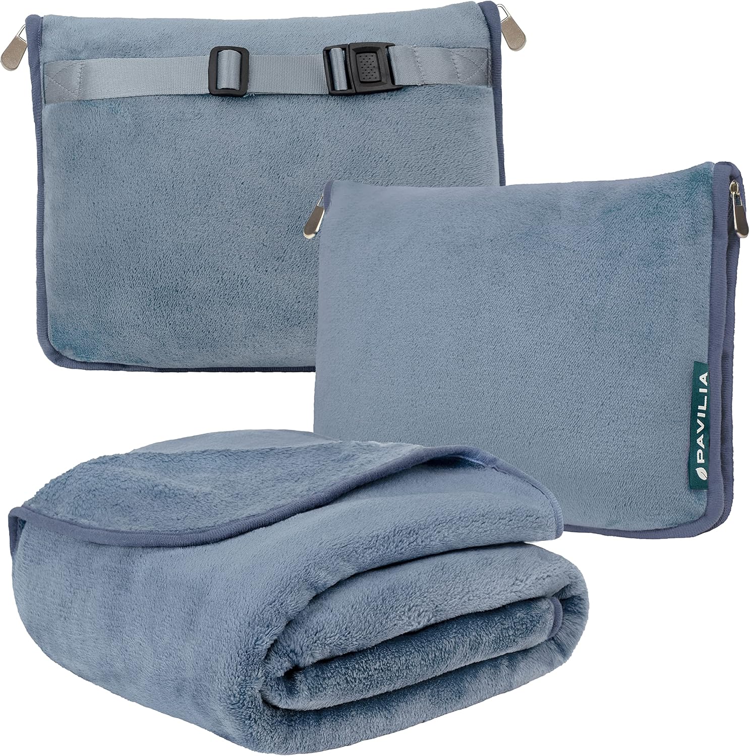 pavilia travel blanket pillow, soft airplane blanket 2-in-1 combo set, plane blanket compact packable, flight essentials car pillow, travelers gift accessories luggage backpack strap, 60x43 slate blue 60 x 43 inches dusty blue