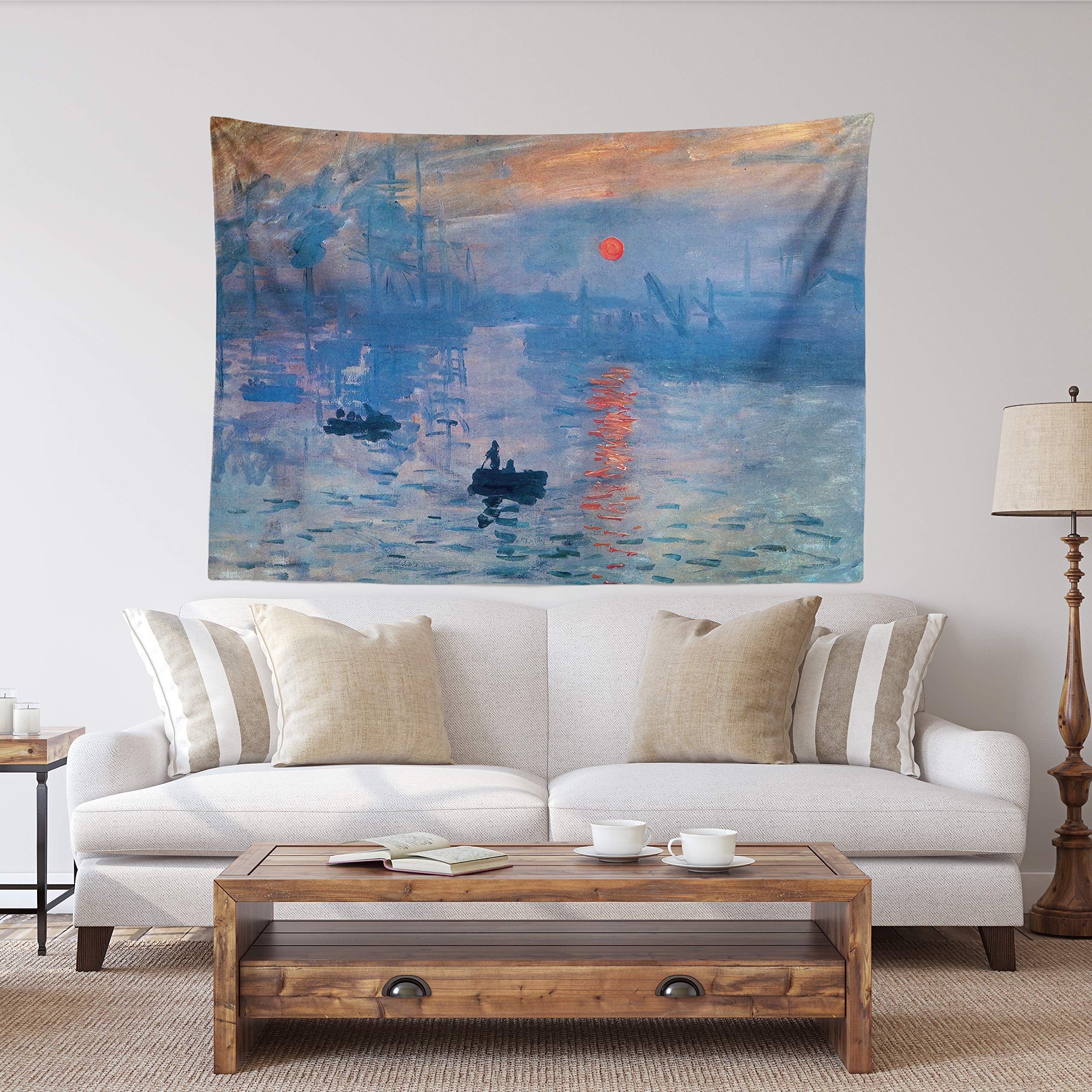 Spanker Space Colorful Famous Artistic Impression Sunrise Oil Claude Monet Aesthetic Masterpiece Fabric Tapestry 48 x 60 Inches Wall Hanging with Hanging Accessories for Home Dorm Wall Art Decor