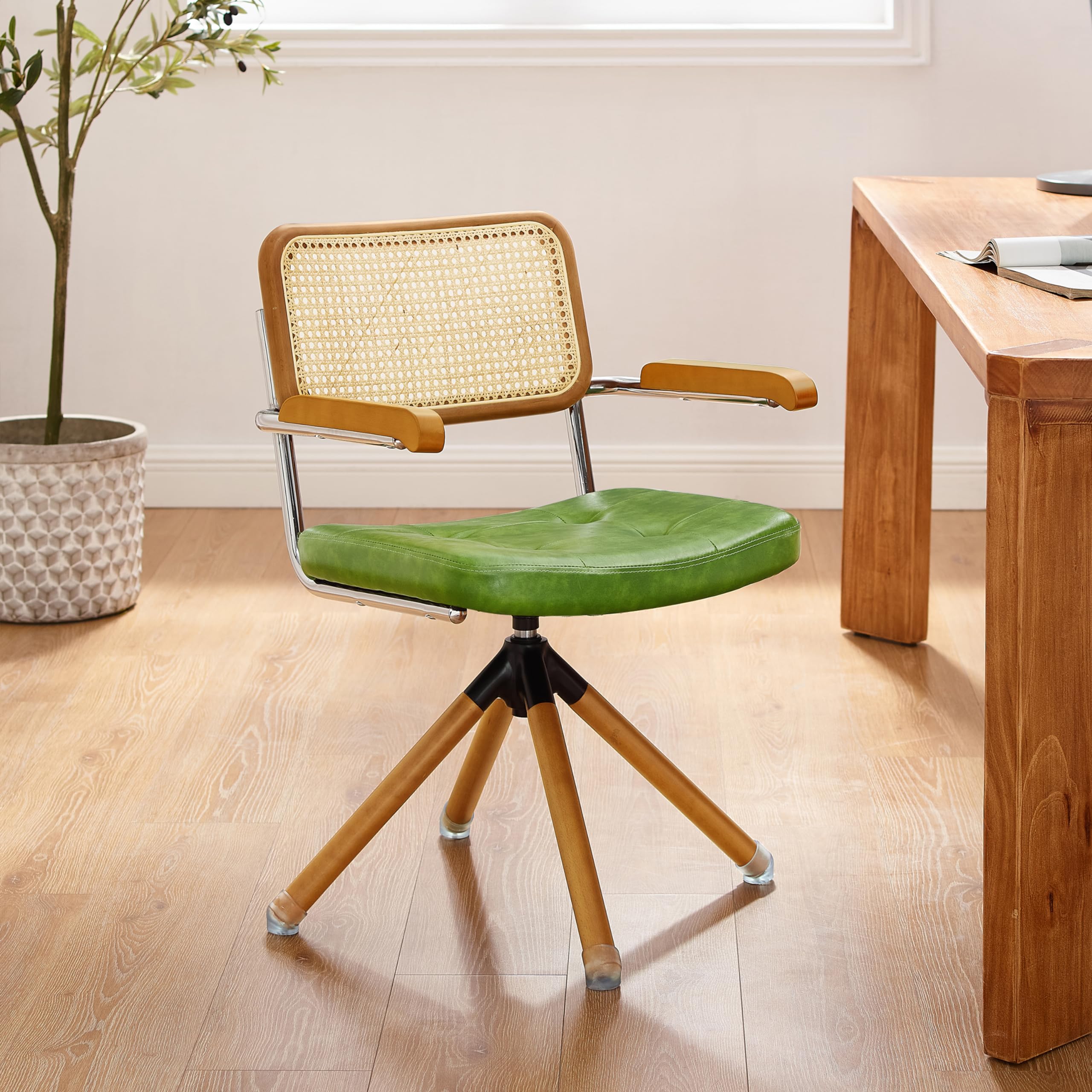 Zouron Silla de Comedor de Estilo Moderno (Respaldo de ratán), Silla giratoria 360° (tapizado en Piel sintética), sin Ruedas, Verde