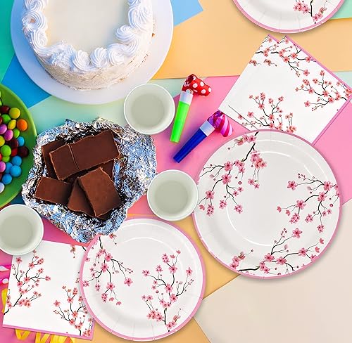 Miniatura 7 de Gift Boutique Juego de 96 piezas de suministros de fiesta de flor de cerezo rosa, plato de papel, vaso, servilleta, flores florales de primavera,