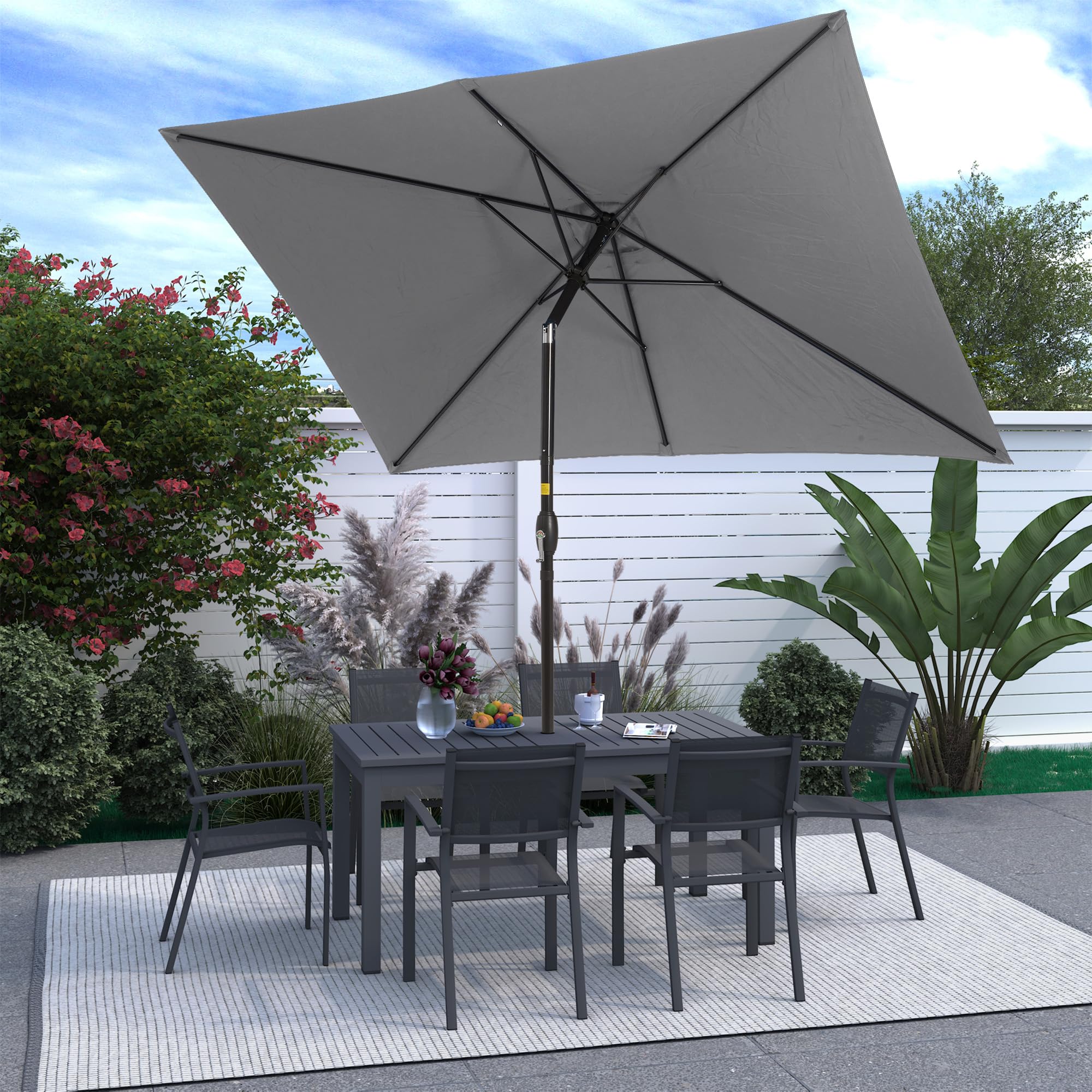SUNVIVI OUTDOOR Sombrilla rectangular de 6.5 x 10 pies, poste de aluminio, sombrilla de mercado para mesa al aire libre con manivela, 6 varillas de acero, toldo de poliéster, color gris