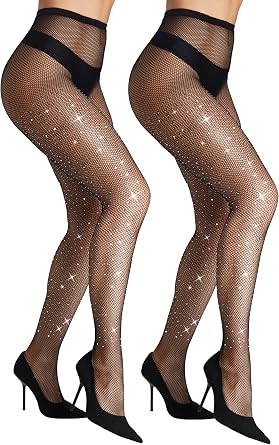 CozyWow Sexy Ultra Sparkly Fishnet Tights for Women, Jeweled High Waist Fishnets, Rhinestone Party Concert Outfit Stockings