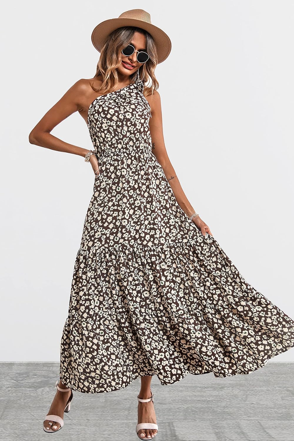 PRETTYGARDEN Women's One Shoulder Boho Floral Maxi Dress image 2