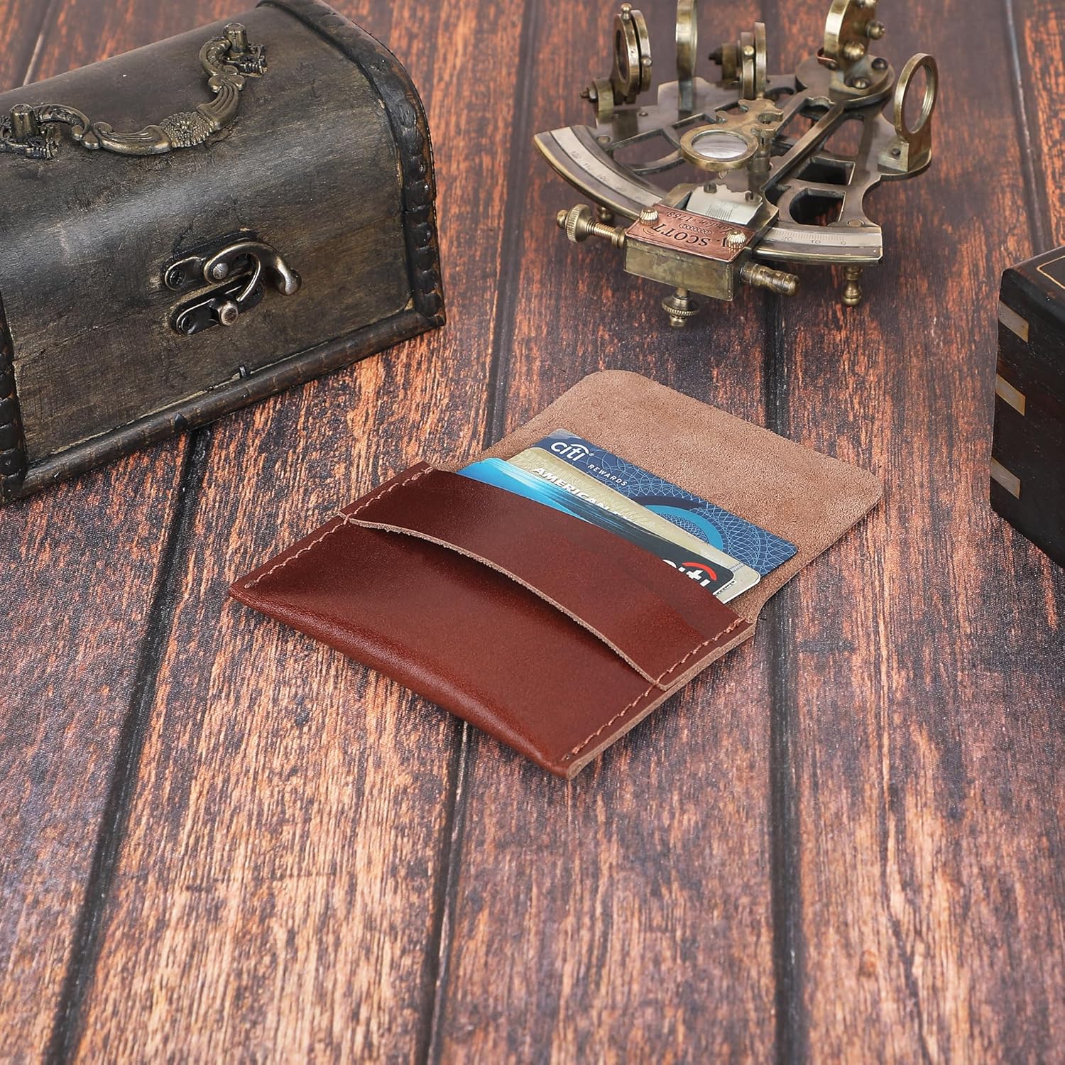 Distressed Leather Business Card Holder Slim Credit Card Wallet for Men and Women Vintage Brown Leather Compact Minimalist Card Organizer for Pocket or Purse Durable Card Case (Wine) - Image 5