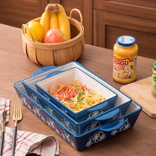 Miniatura 3 de Platos para hornear cacerola de cerámica de 13 x 9 pulgadas, 3 piezas, juego de utensilios para hornear, sartén antiadherente apilable para cocina