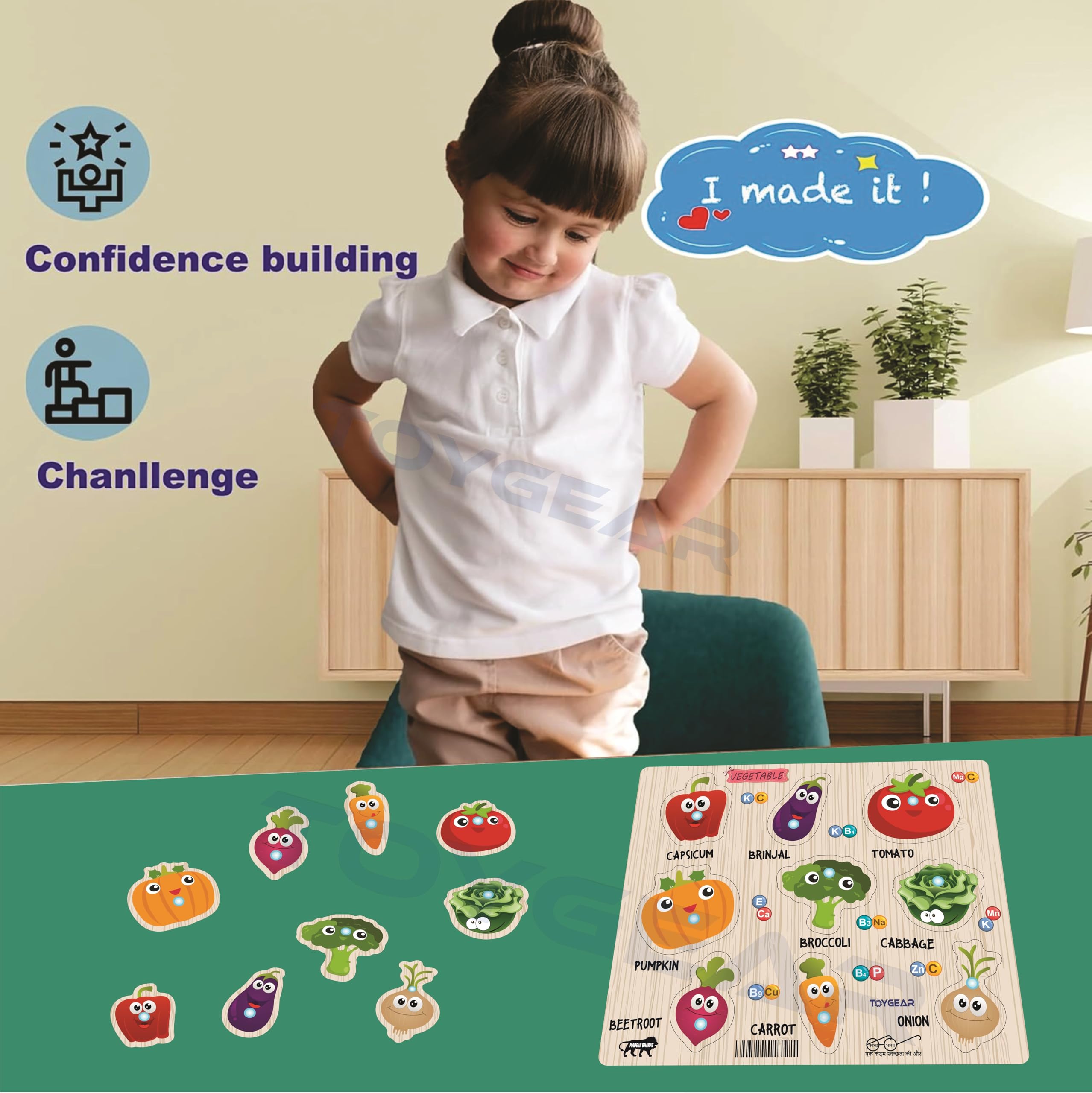 Nizomi Vegetable Peg Puzzles – 9-piece Wooden Veggie with Pegs – Educational Toy for Toddlers – Interactive Learning Board for Vegetable Recognition & Fine Motor Skills 2+ Years 2
