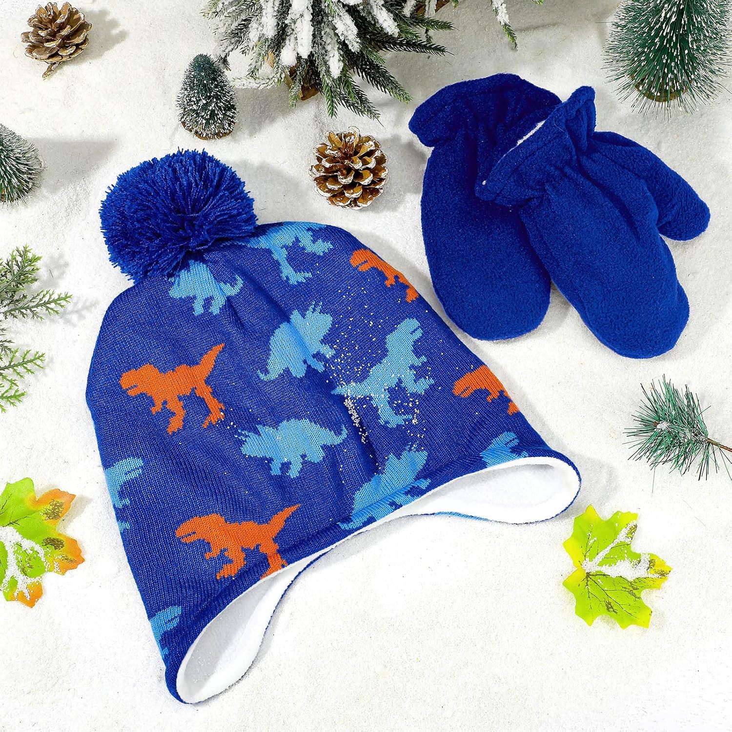 Syhood Kids Baby Winter Hat and Gloves Set Toddler Boys Knitted Beanie with Earflap Fleece Dinosaur Cap Gloves - Image 7