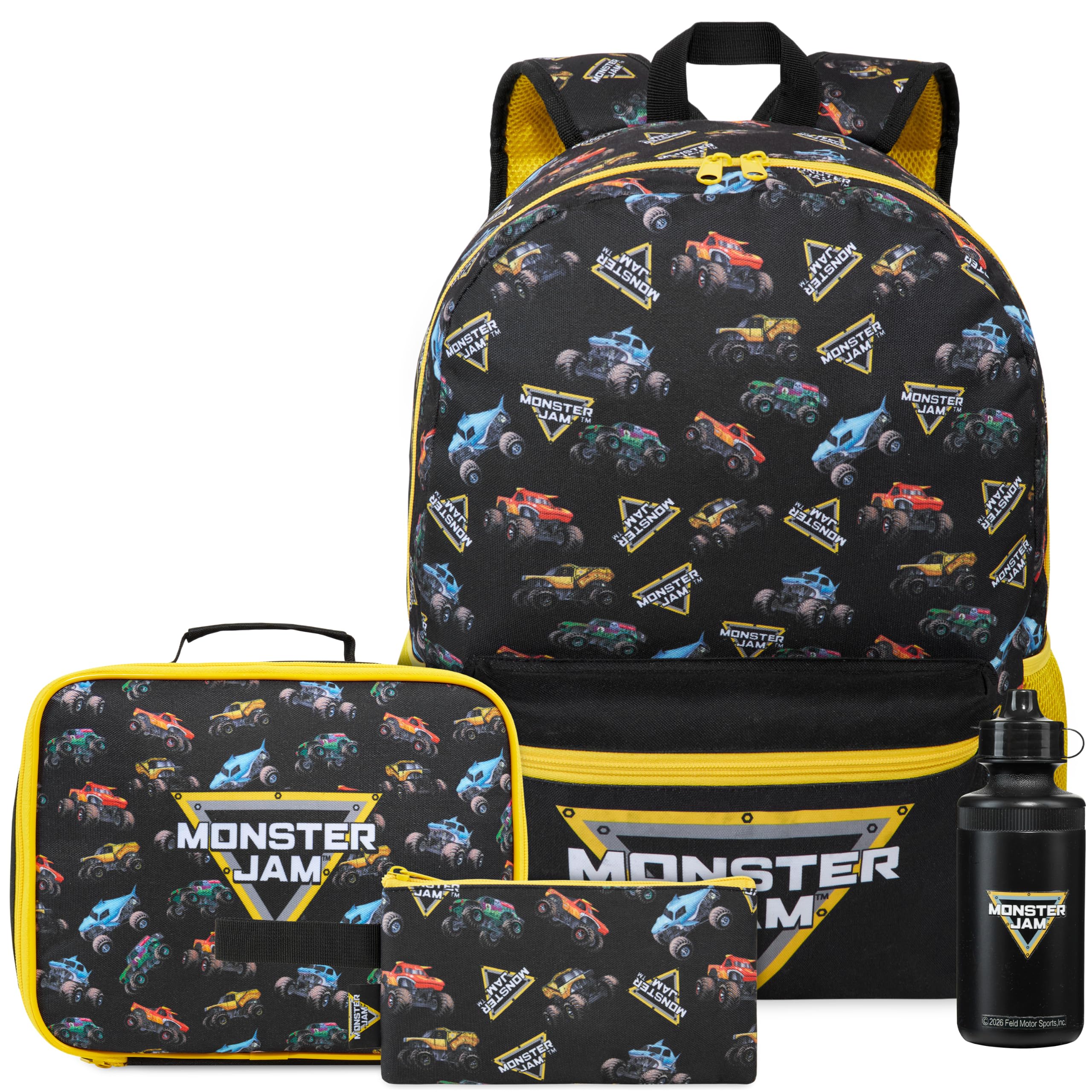 Get Trend Monster Jam Boys Backpack 4 Piece Set | 18 Inch Bookbag with Insulated Lunch Bag, Zipped Pencil Case & BPA-Free Water Bottle, Back to School Gifts for Kids