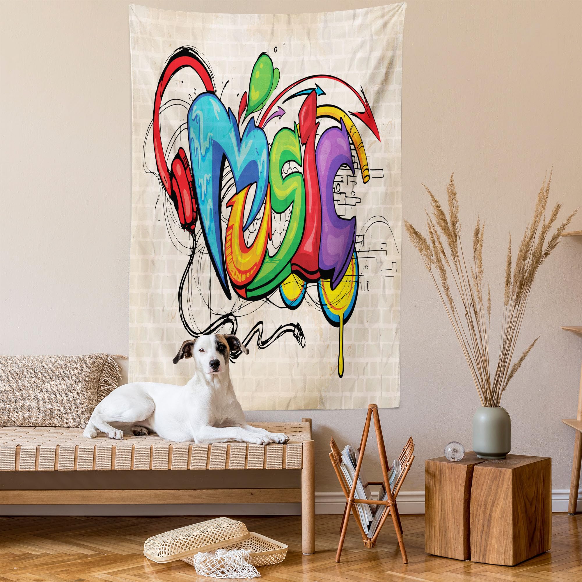 Ambesonne Music Tapestry Twin Size, Illustration of Graffiti Style Lettering Headphones Hip Hop Theme on Beige Bricks, Wall Hanging Bedspread Bed Cover Wall Decor, Twin Size, Multicolor 1