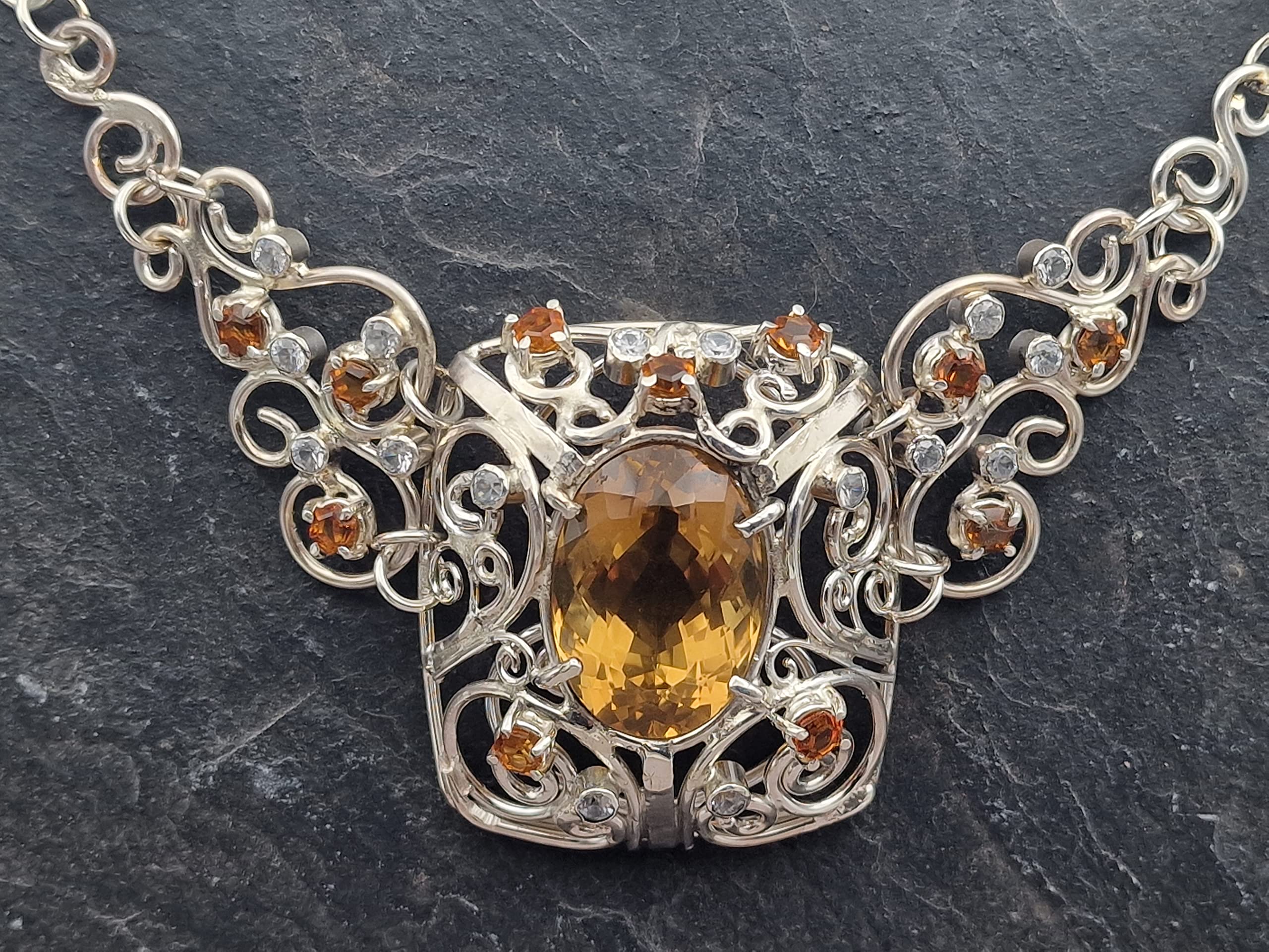 Majestätisches Citrin - Bergkristall Collier aus 925er Silber, handgefertigte Kette, Groß, Statement, Königlich, aufwendig, leicht, Unikat, Handarbeit