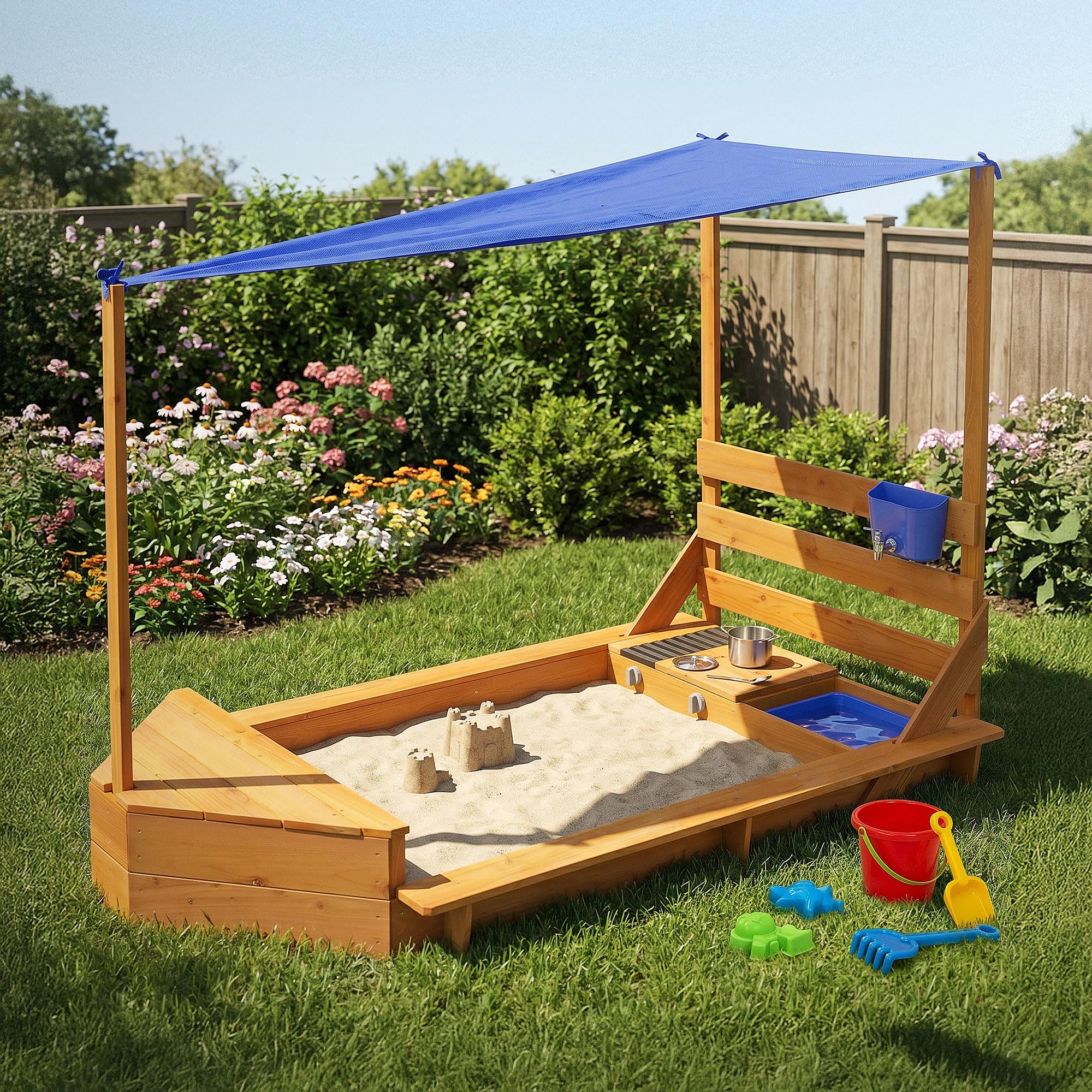 ML-Design Sabbiera Bambini con Tetto, Forma di Nave, Sabbionaia da Esterno in Legno Massiccio, 2 Panchine, Cucina e Accessori, Protezione dai Raggi UV e Bordi Sicuri, Giochi da Giardino 101x163 cm