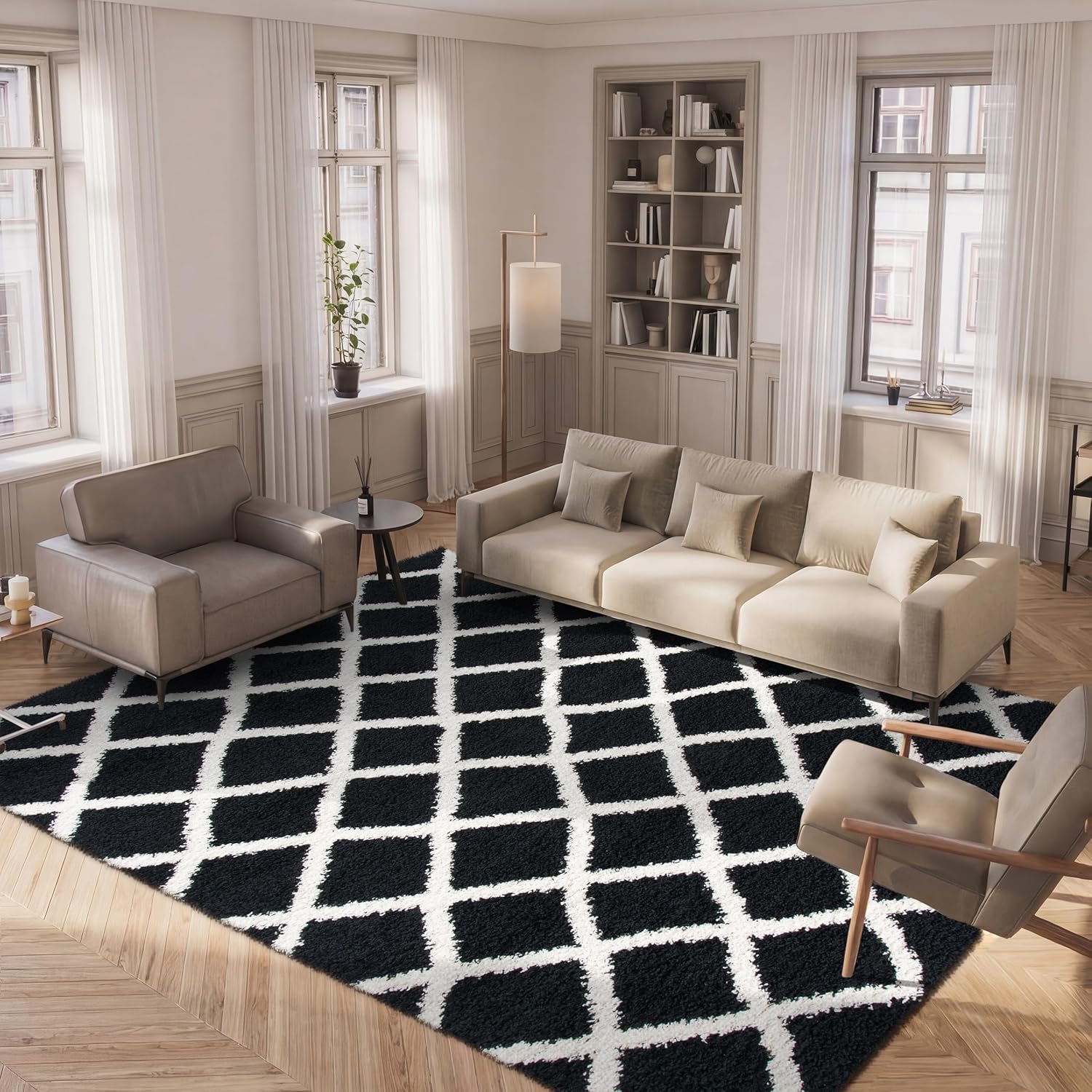 SAFAVIEH Area Rug 8x10 - Dallas Shag Collection - Large - Black & Ivory, Trellis Pattern, Non-Shedding & Easy Cleaning, Plush Thick Pile, Ideal for Living Room, Bedroom, Dining Space (SGD258Z)