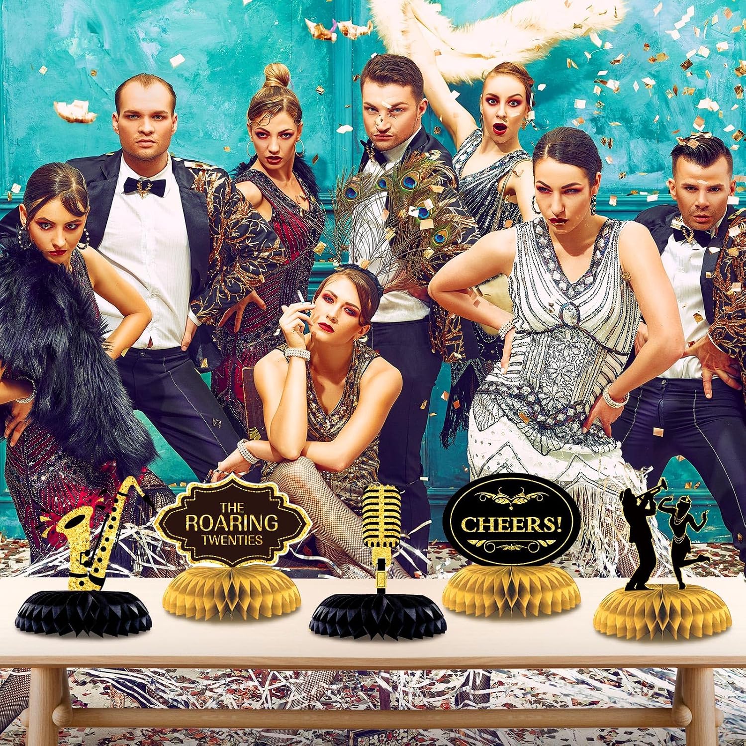 Epakh 10 Pcs Roaring 1920's Party Decorations Honeycomb Centerpiece Black and Gold Birthday Music Party Table for 1920s Birthday Speakeasy Vintage Flapper Wedding Party Supplies