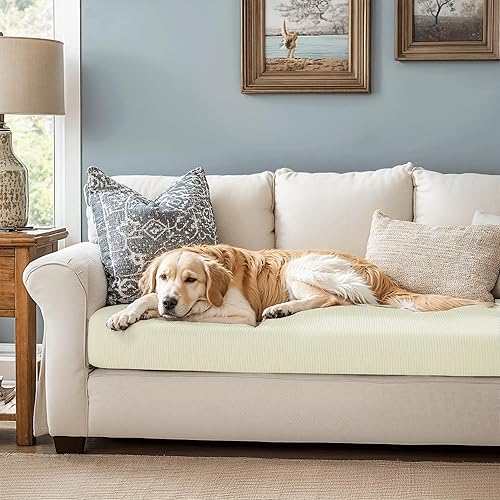 Miniatura 2 de CHUN YI - Funda elástica de cojín para sofá de 3 plazas, funda de asiento de sofá con tela jacquard de elastano (grande, color marfil blanco)
