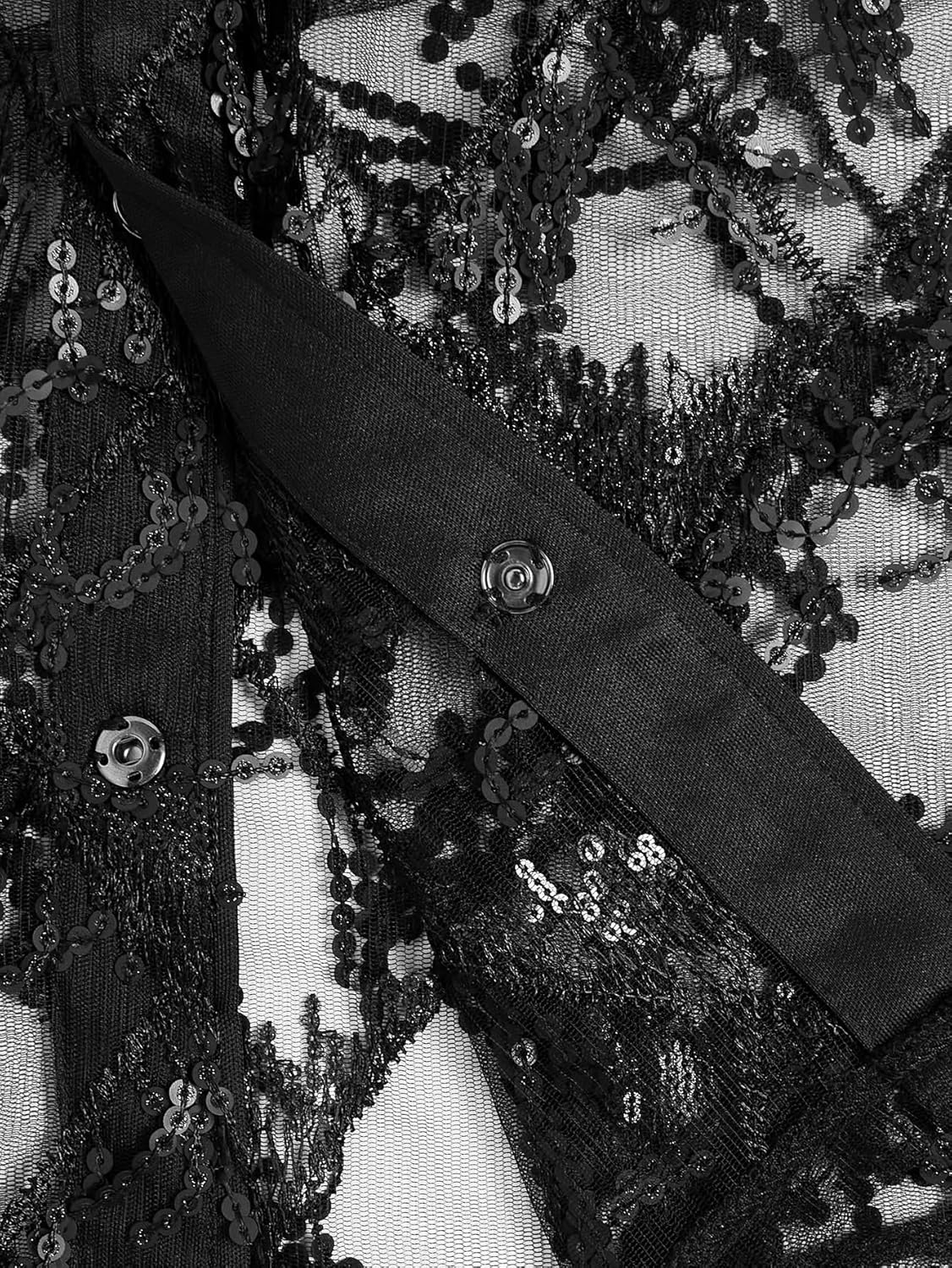 WDIRARA Men's Sequin Decor Fringe Button Front Shirts Short Sleeve Sheer Party T Shirt