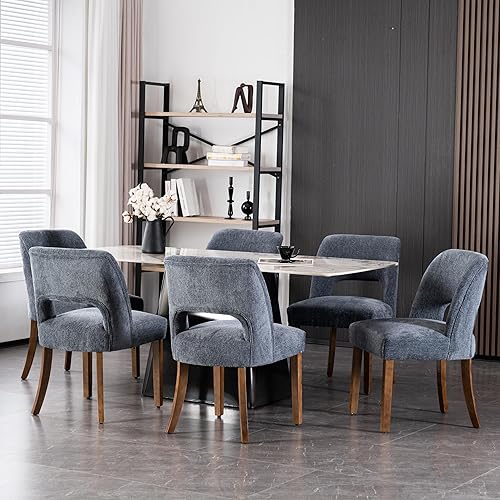 Miniatura 22 de VKNOW Juego de 6 sillas de comedor de madera, sillas de comedor tapizadas en tela modernas, sillas de cocina, silla de comedor de granja para cocina