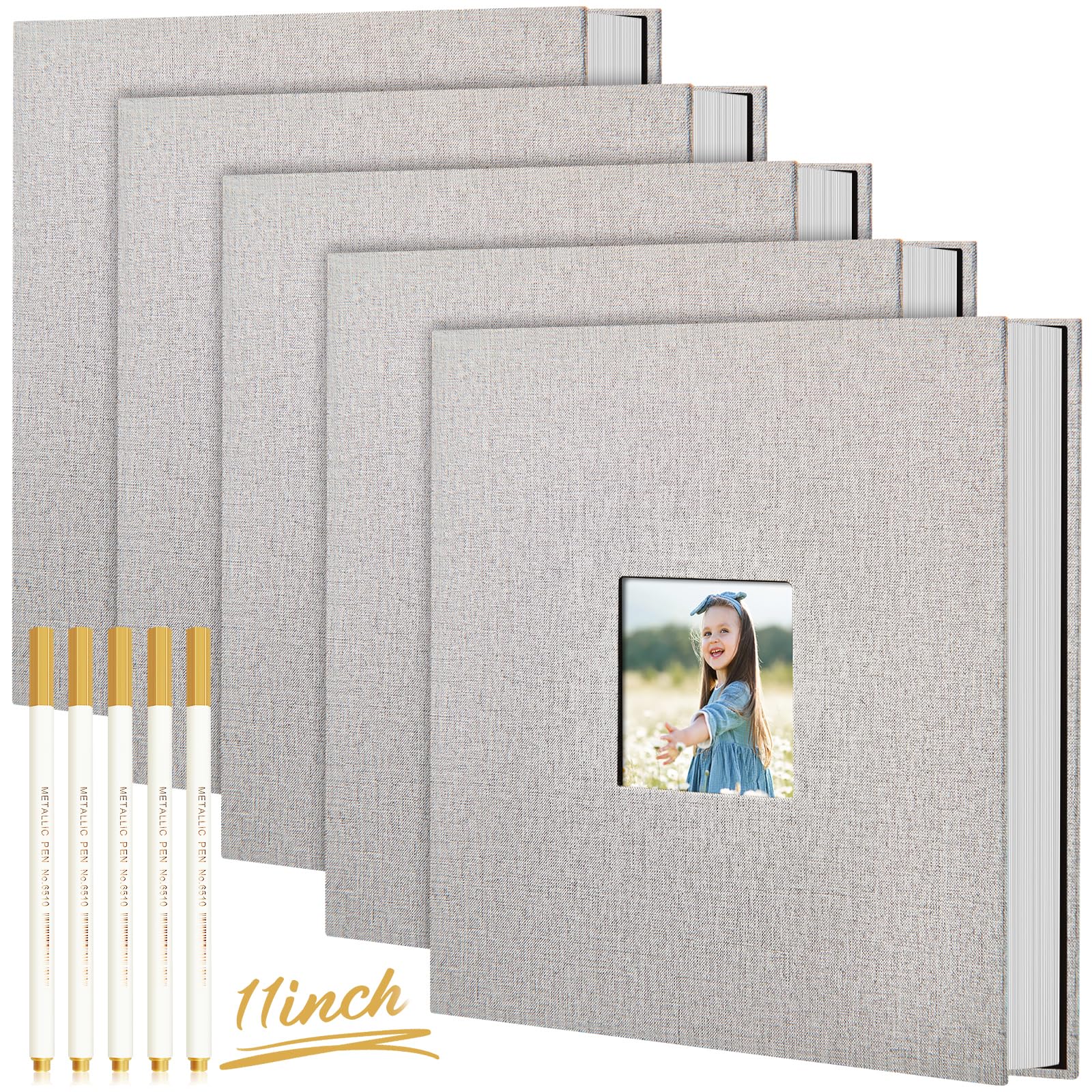 Jetec Duży album fotograficzny, samoprzylepny album do scrapbookingu, 40 pustych stron, DIY, lniana okładka, fotoksiążka z 5 metalicznymi długopisami, na zdjęcia, ślub, rodzinną podróż, 5 szt.,