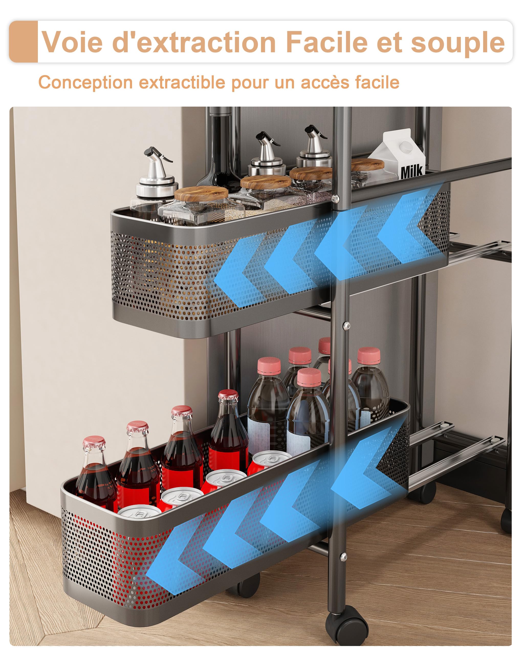 UMDONX Chariots de Rangement pour Cuisine Chariot à roulettes étroit en métal à 5 Niveaux desserte à roulettes sur roulettes avec tiroirs coulissants étagère de Niche(Noir)