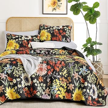 Yiran Floral Quilts Queen Size, Black Yellow Spring Flowers Bedspreads Bedding Set, 3 Pieces Summer Colorful Soft Lightweight Microfiber Coverlet with 2 Pillow Shams for All Season 96x90 Inch