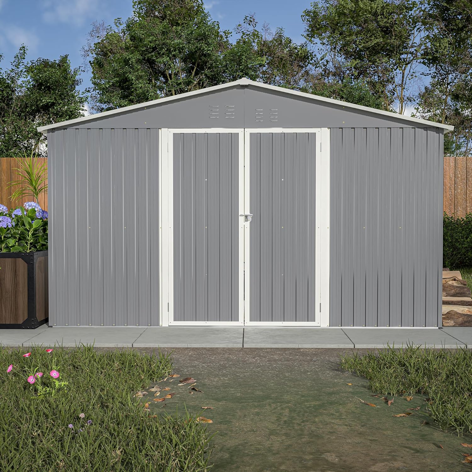 Outdoor Storage Shed, 11 X 13 FT Large Metal Utility Tool Sheds with Floor Frame, Steel Garden Shed for Backyard Garden Patio Lawn