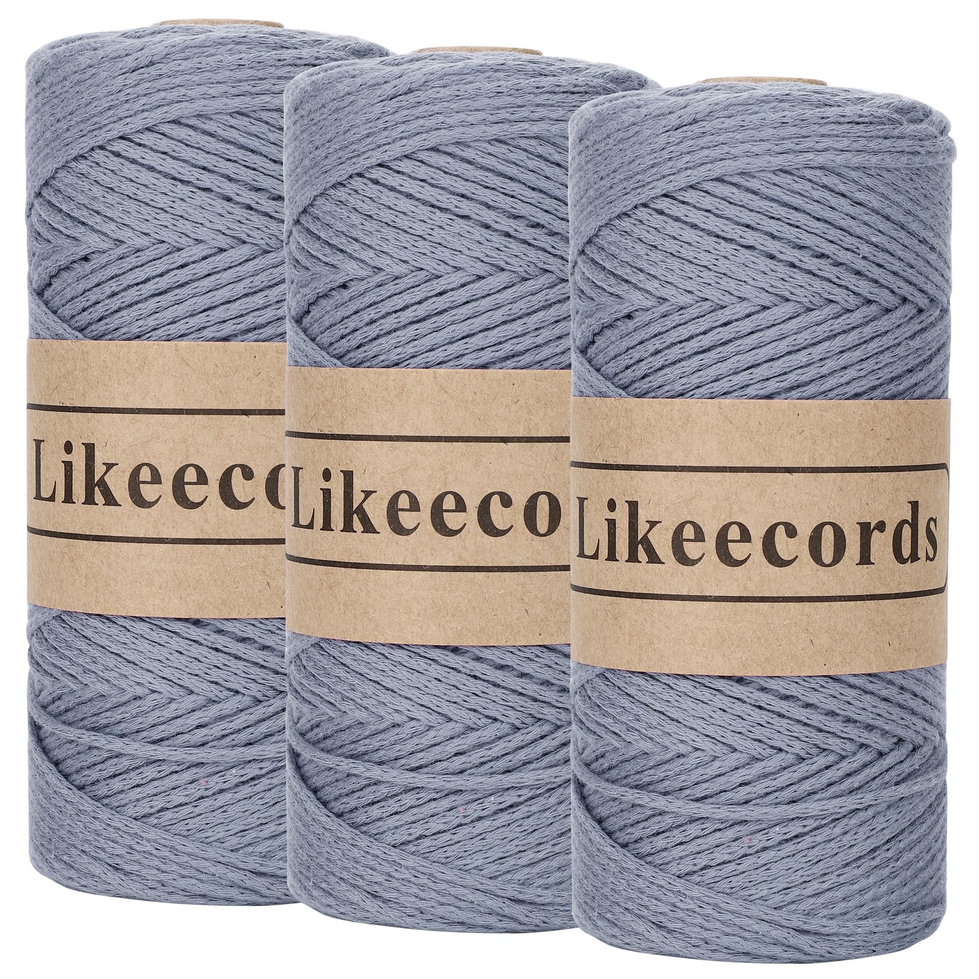 Likeecords 100% Cotton Crochet Yarn for Bag,3 Rolls/Pack 2mm x 510m,Macrame Cord,Chunky Yarn for Crocheting Handbag, Purse,Blankets Crafts Projects (Grey)