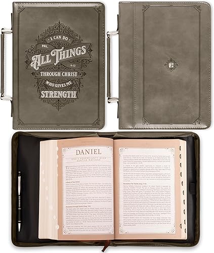 Miniatura 2 de Christian Art Gifts Funda protectora de piel sintética gris carbón para hombre, funda de transporte clásica de la Biblia, para todas las cosas a