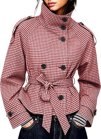 Womens Gingham Trench Coat Double Breasted Short Jacket