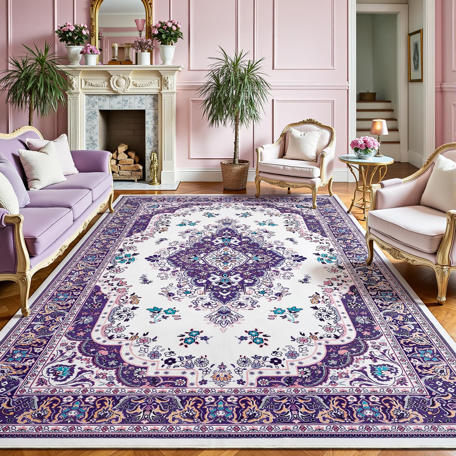 Tapis antidérapant et lavable HOMORE violet en fausse laine douce 1,8 x 2,7 m