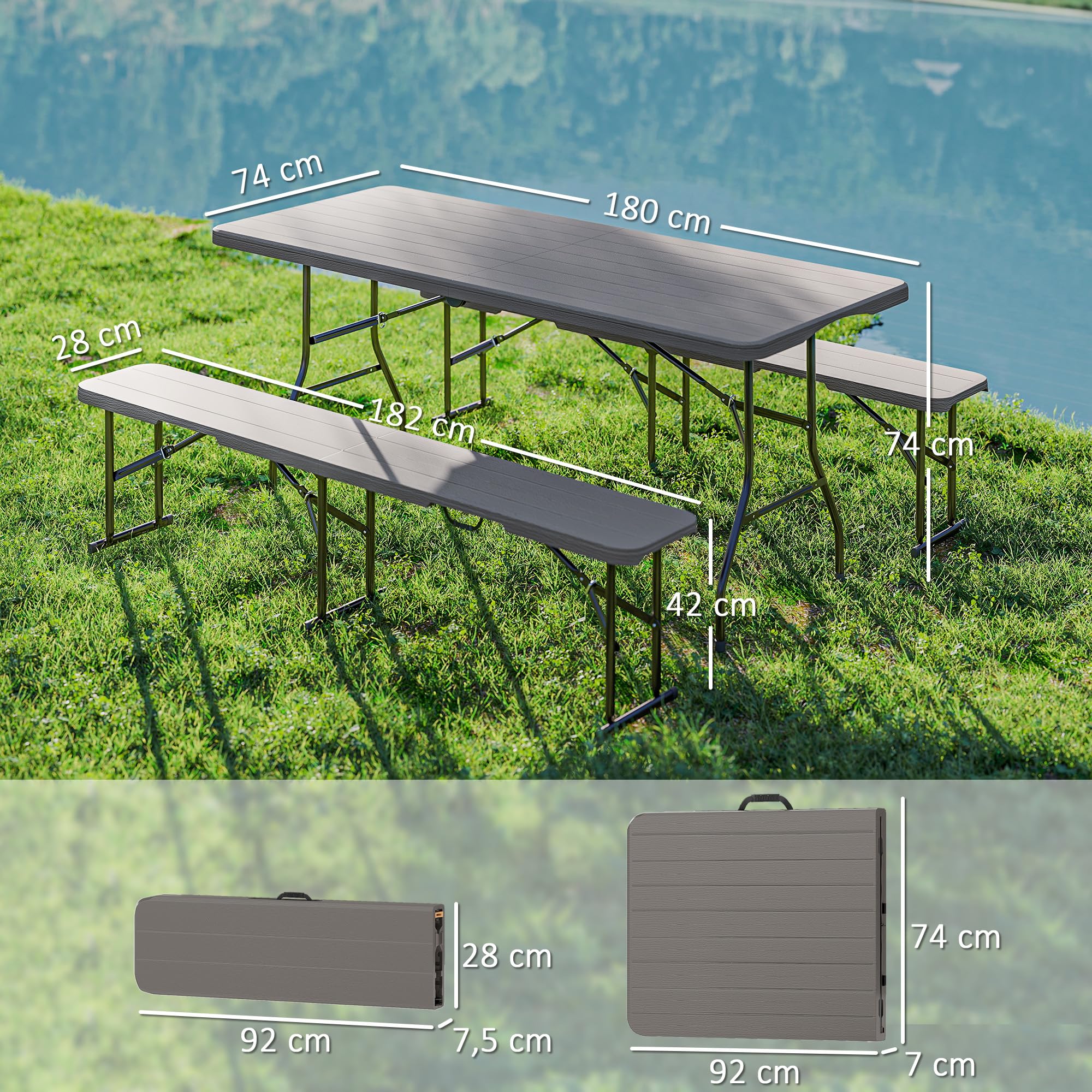Outsunny Conjunto de Camping Plegable de 3 Piezas Mesa Plegable Camping con Bancos Incluye 1 Mesa 180x74x74 cm y 2 Bancos Efecto Madera Impermeable para Acampadas Jardín Pícnic Marrón