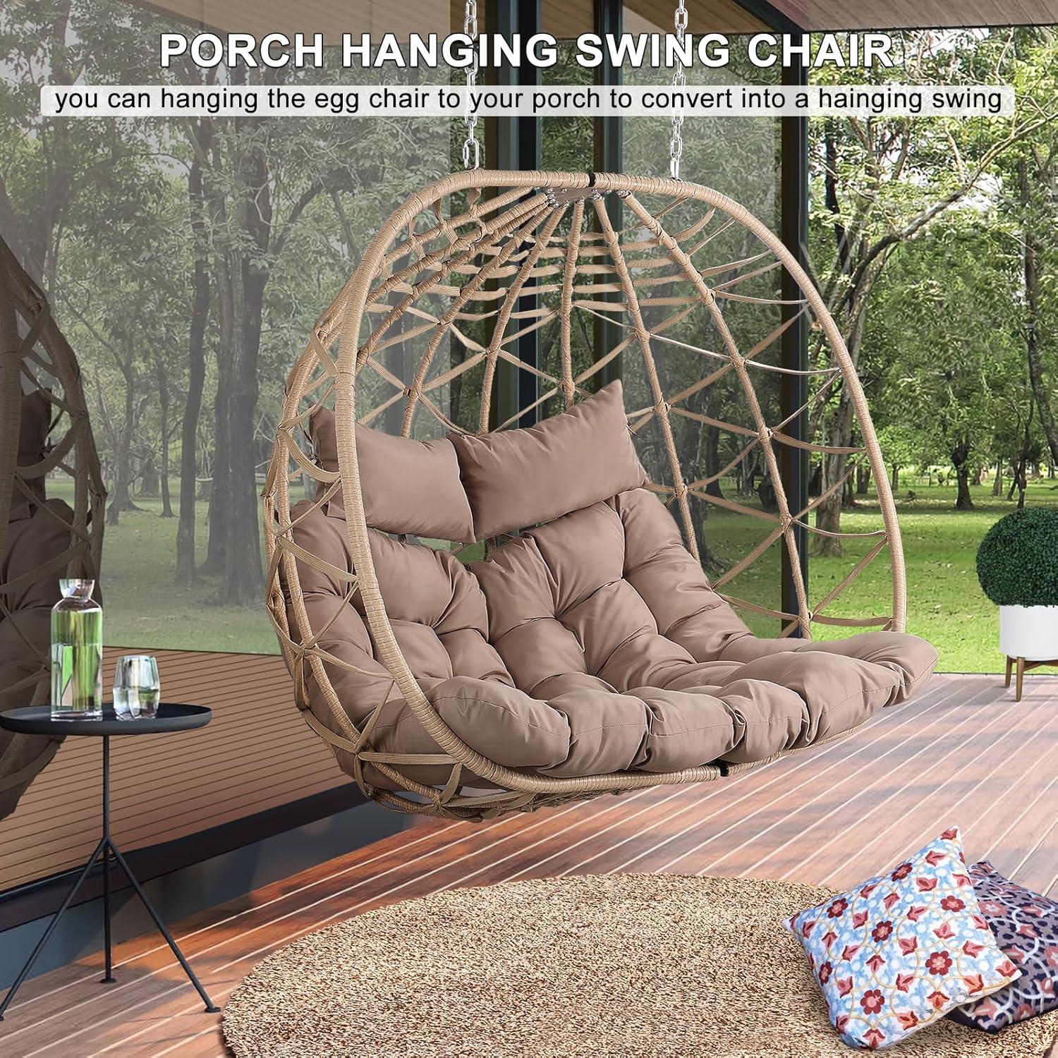 NOBLEMOOD Outdoor Egg Swing Chair with Stand, 2 Person Patio Swing Chairs with Thick Cushions and Pillows, Wicker Double Egg Chair Swing for Indoor Bedroom