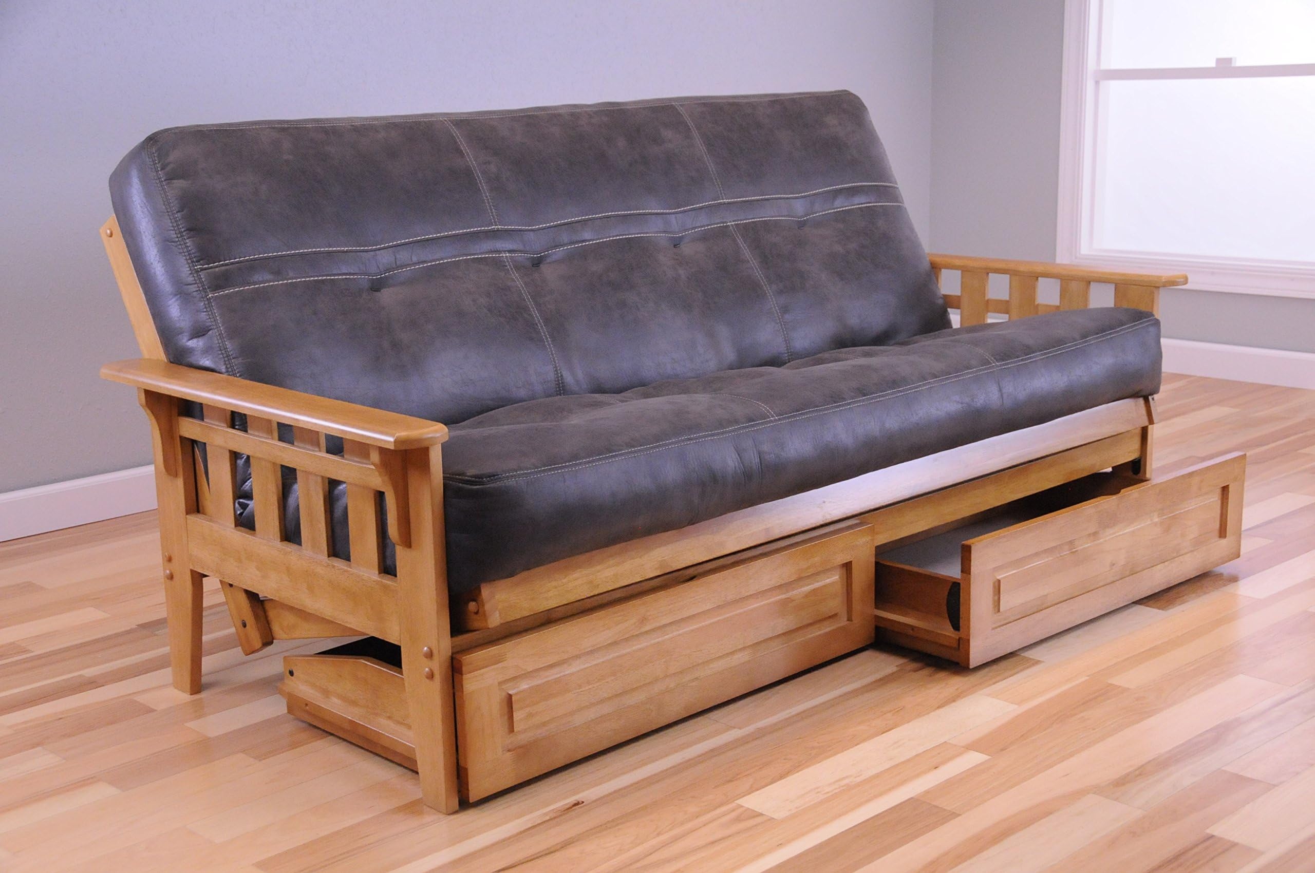 Wooden Futon Storage Drawers Mission Style Maple Color Light Wood Frame with Full Size Mattress
