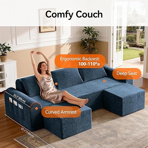 Miniatura 5 de Sofá modular sin hueso de 86.6 pulgadas con otomana, sofá modular en forma de L para sala de estar, sofá de tela de felpilla de asiento ultra Azul