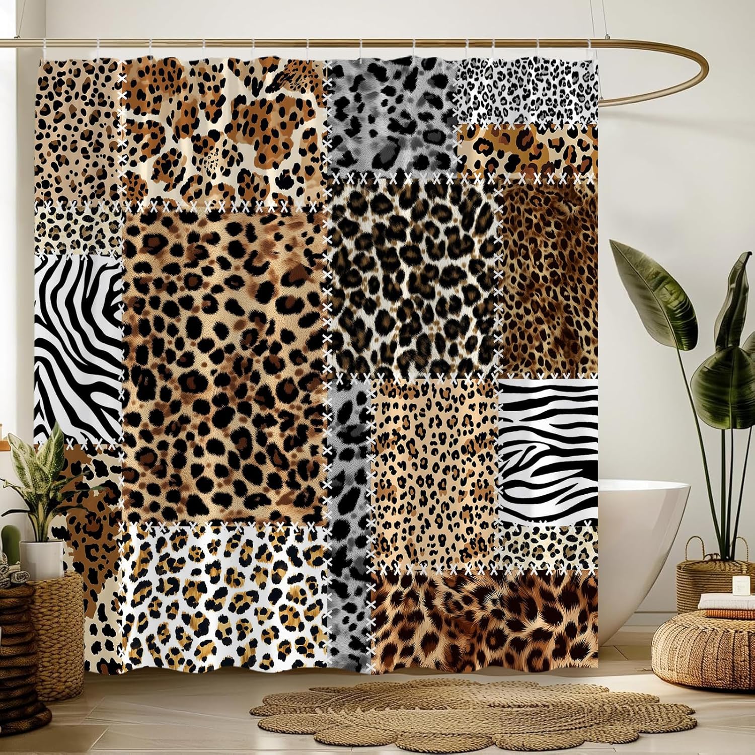Leopard Print Shower Curtain Cheetah Boho Patchwork Safari Zebra Print Vintage Fabric Bathroom Decor Sets with Hooks,71W x96H