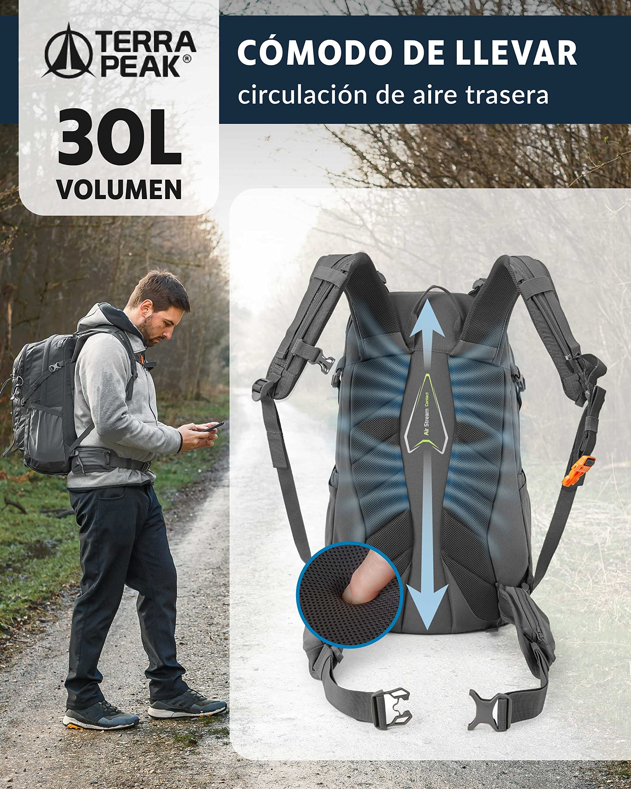 Terra Peak® Mochila de Senderismo 30L para hombre y mujer (FLEX 30 MEDIO) - Mochila de montaña, trekking y viaje para exteriores, ergonómica e impermeable, con ventilación trasera (transpirable)