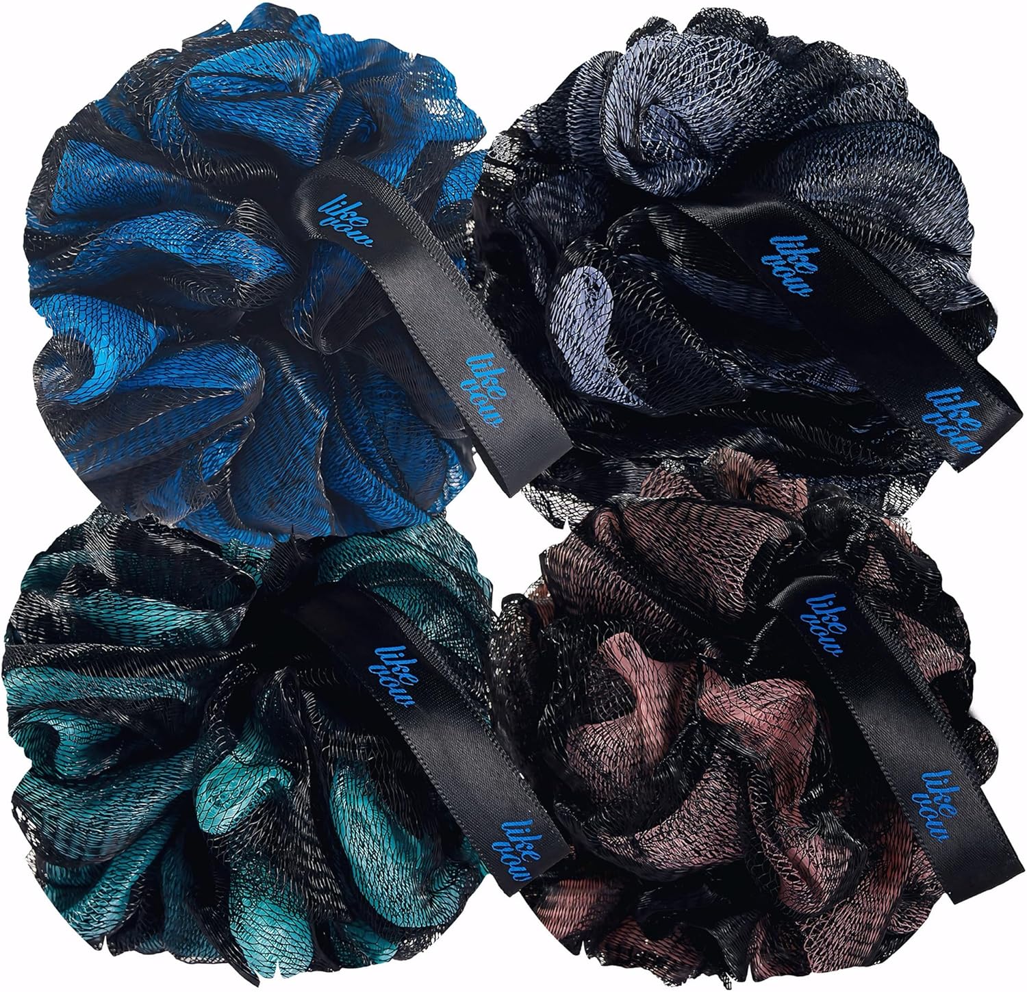 Bath Loofah Sponge for Men & Women – 75g/PCS Large Size Loofah Bath Pouf 4 Pack, Black Color Mesh Shower Puffs for Body Men – Gentle Body Wash Sponge for Exfoliating Body & Smooth Skin Care