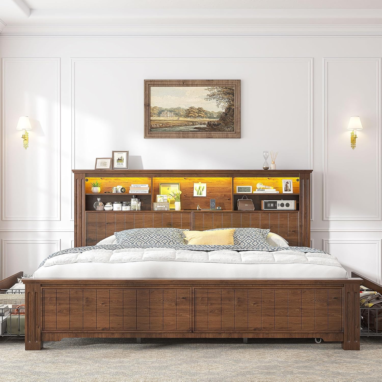 EnHomee King Size Bed Frame and Headboard & Storage,4 Drawers and LED Built in Charging Station King Bed Frame with Storage Farmhouse, NO Noise,No Box Spring Needed,Brown