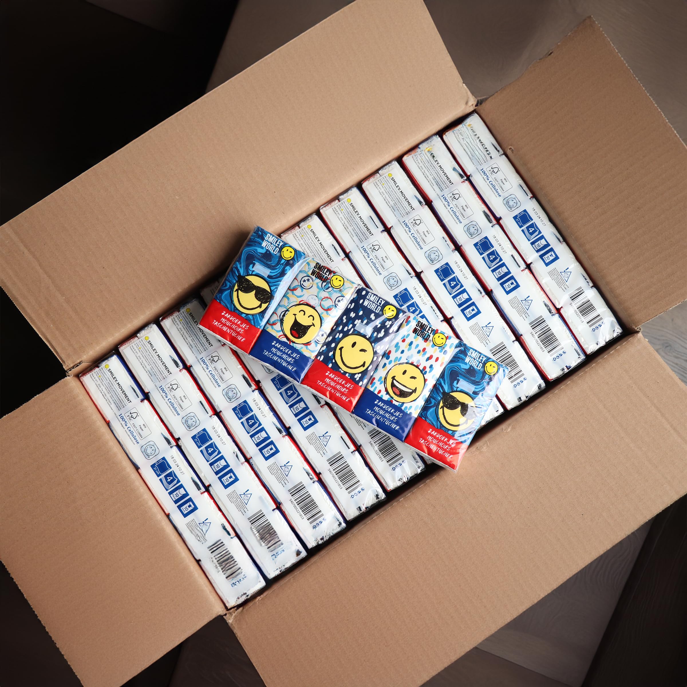Lot de 100 paquets de mouchoirs de poche – 1000 mouchoirs à 4 plis au total – Mouchoirs en papier ultra doux et résistants | Série Bleue – SmileyWorld