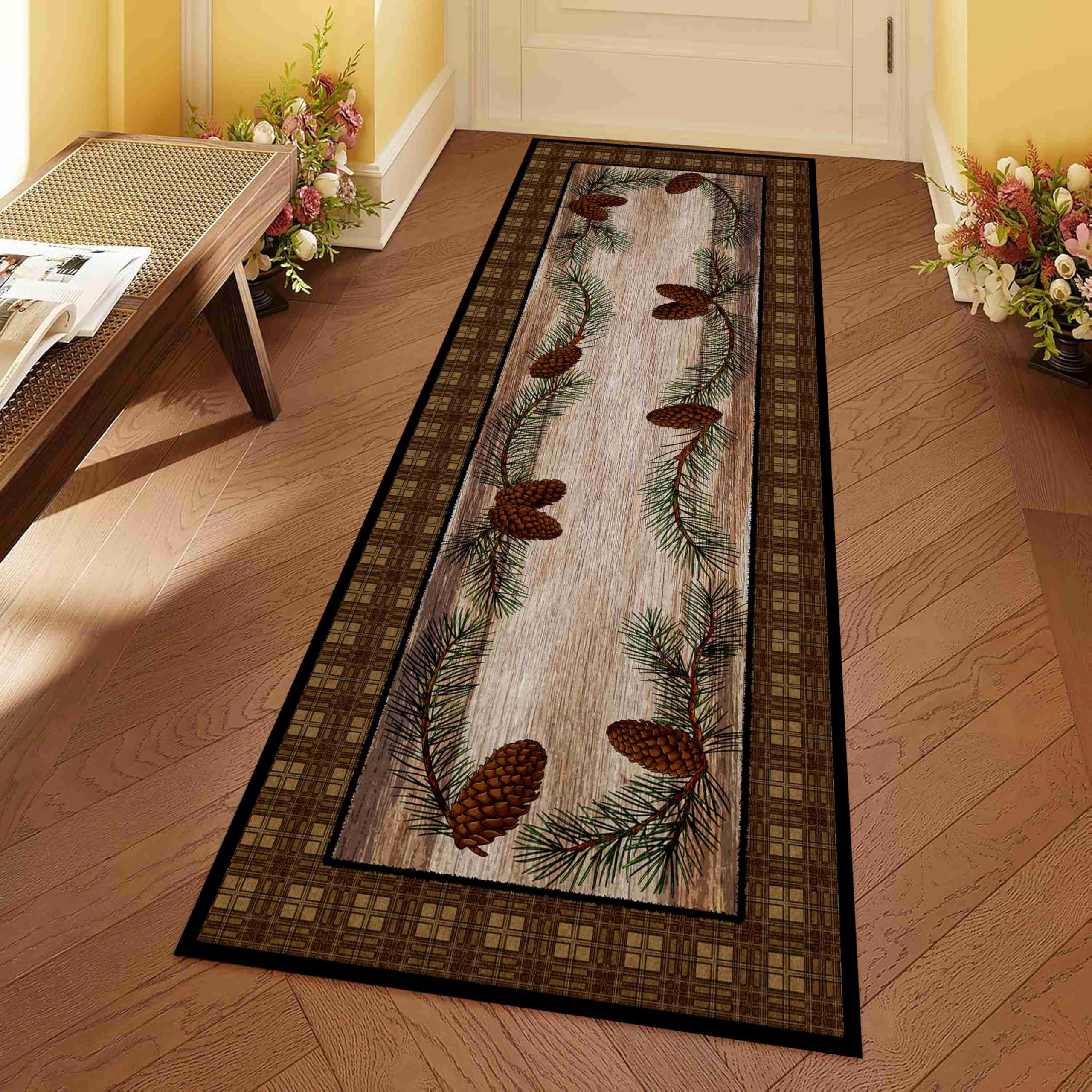 Vintage Plaid Runner Rug, 2.6x10ft, Brown Grid Border Pine Cone Pine Leaf Wood Grain Rustic Distressed Interior Decoration, Anti-Slip Noise Reduction