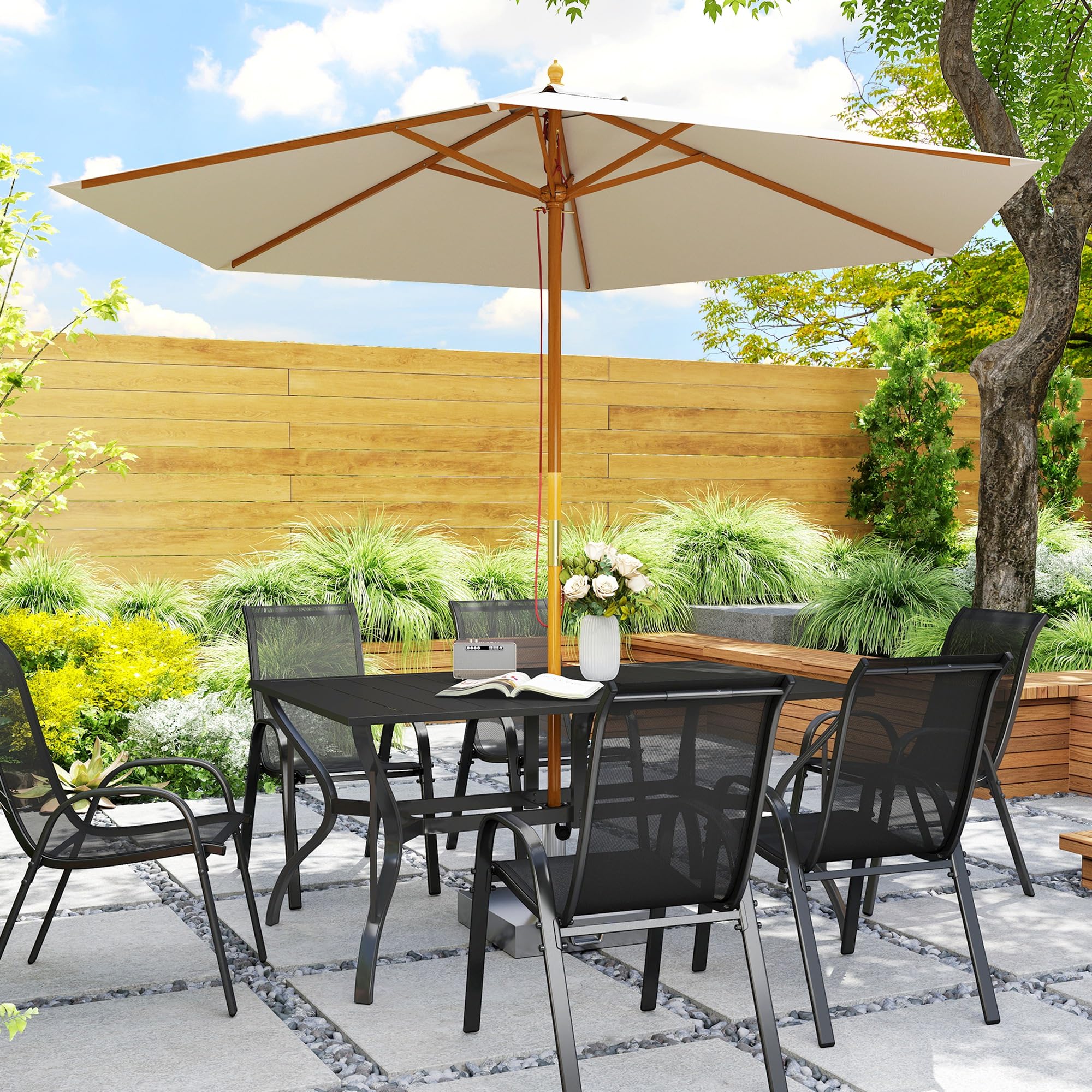 Mesa de comedor rectangular para 6 personas, mesa rectangular de acero con agujero para paraguas, marco de acero para jardín, balcón, color negro 8