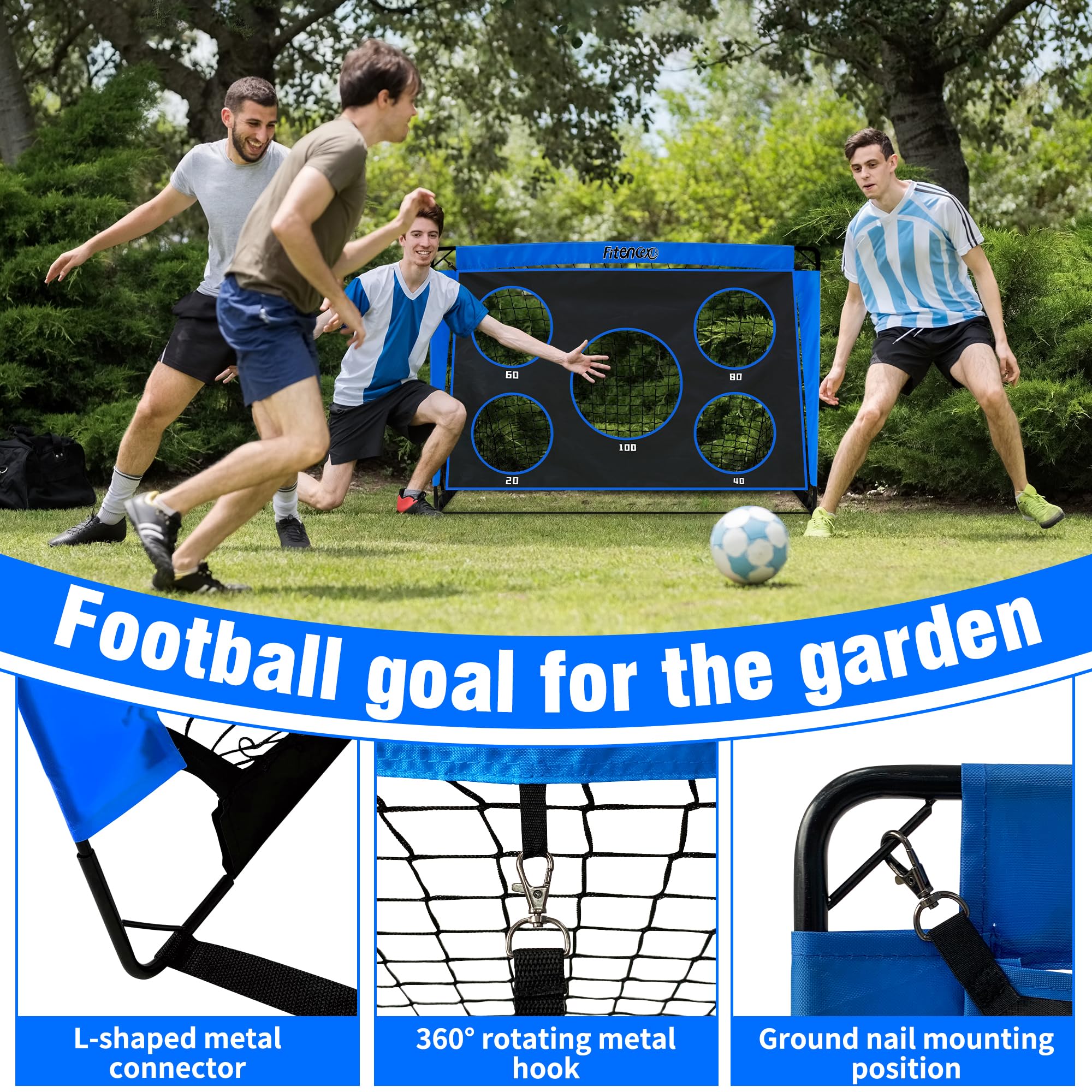 Fußballtor Kinder - 3-in-1 Pop Up Tor mit Torwand | Goal für Garten, Park & Strand | Outdoor Fussballtore mit 5 Schusslöchern, 3 Zielscheiben & 6 Hindernissen | inkl. Tasche & Bodennägel