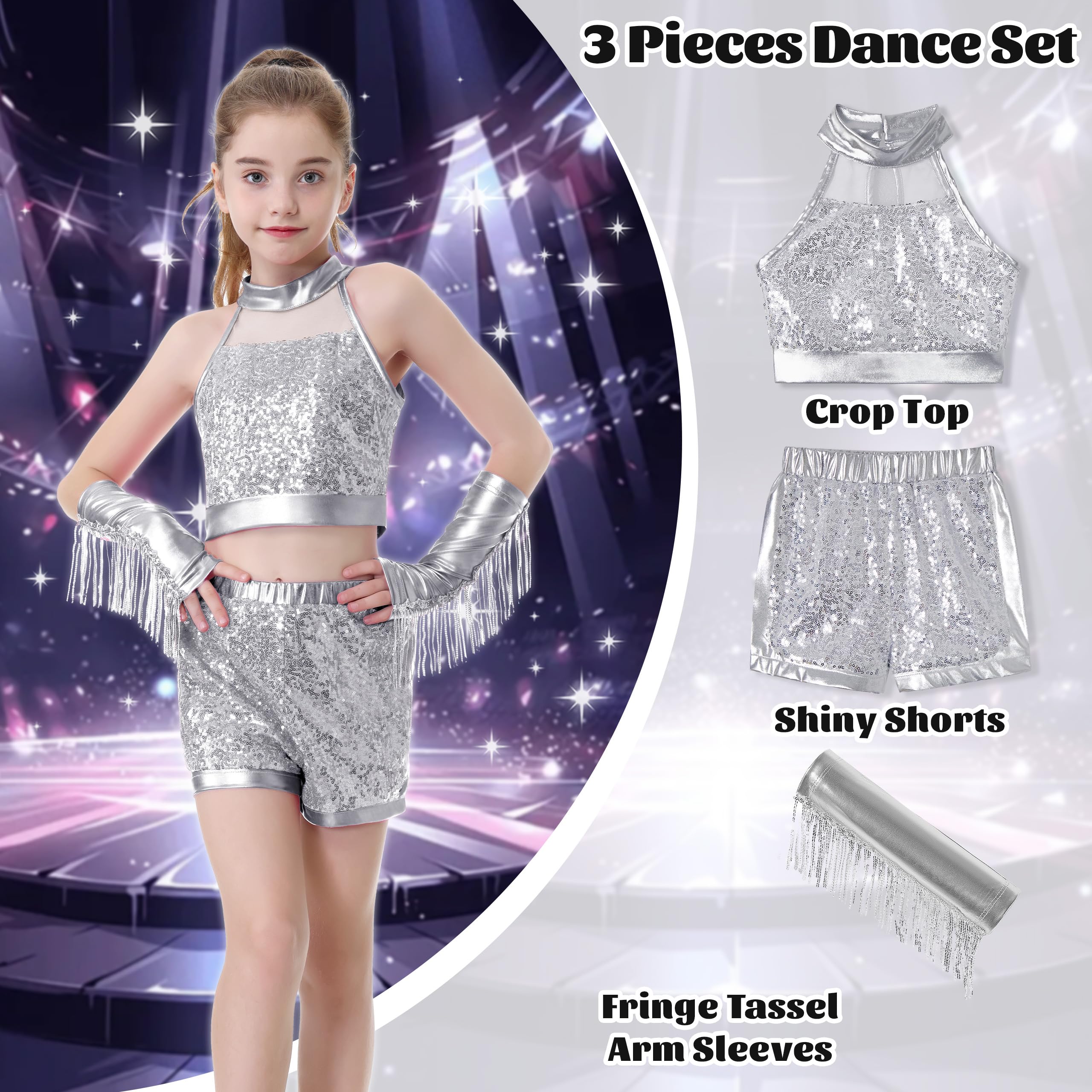 LOLANTA Costume de Danse Filles à Paillettes, Tenue Hip Hop Jazz Brillante, Vêtements de Danse Streetwear Enfant avec Top Court Sans Manches et Short