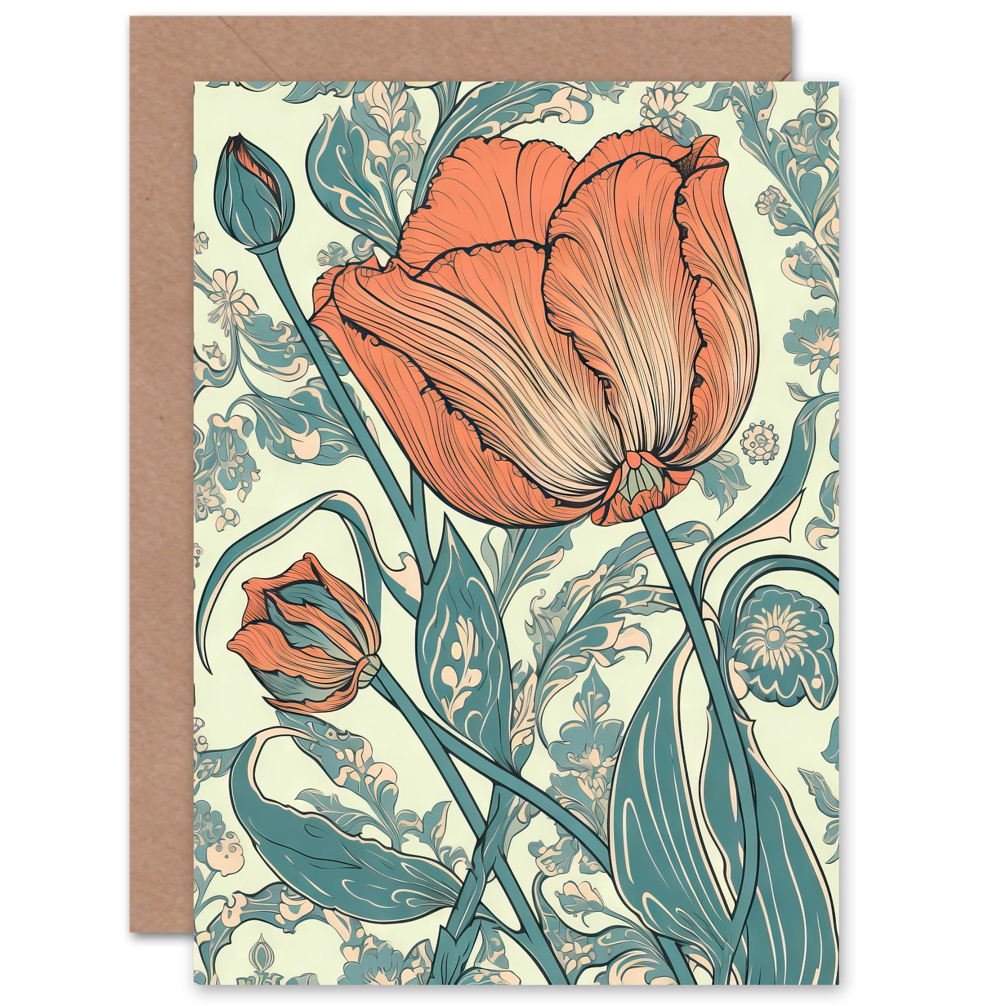 Artery8 Tulip Flower W Morris Style Colourful Bright for Wife Her Mum Sister Daughter Mom Gran Nan Birthday Thank You Congratulations Blank Art Greeting Card
