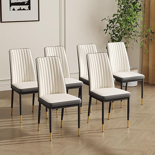 Miniatura 15 de Juego de 6 sillas de comedor modernas, Juego de 6 sillas de comedor con cuero PU y patas cromadas de respaldo alto, sillas de metal Sillas para